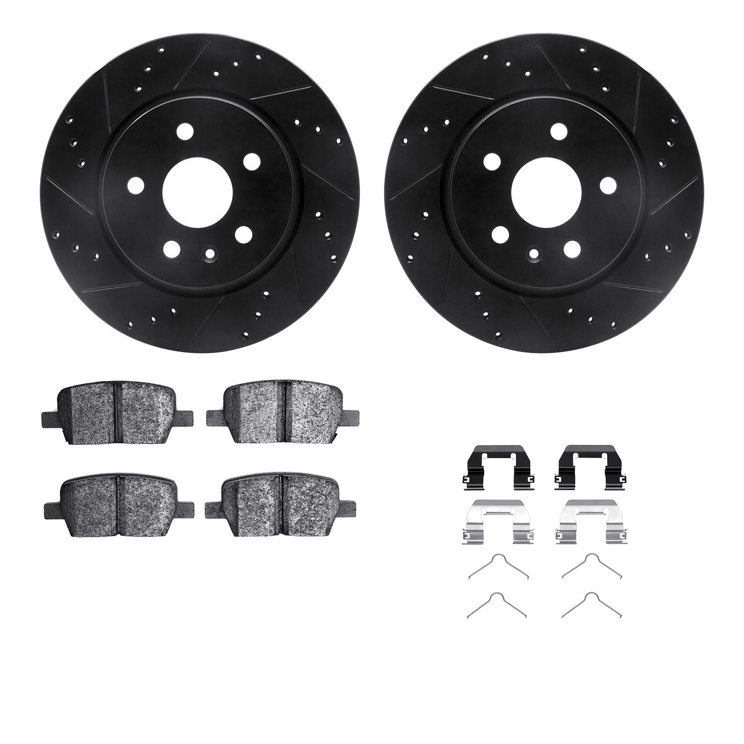 8512-65027 Drilled/Slotted Brake Rotors w/5000 Advanced Brake Pads Kit & Hardware [Black], Fits Select GM, Position: Rear