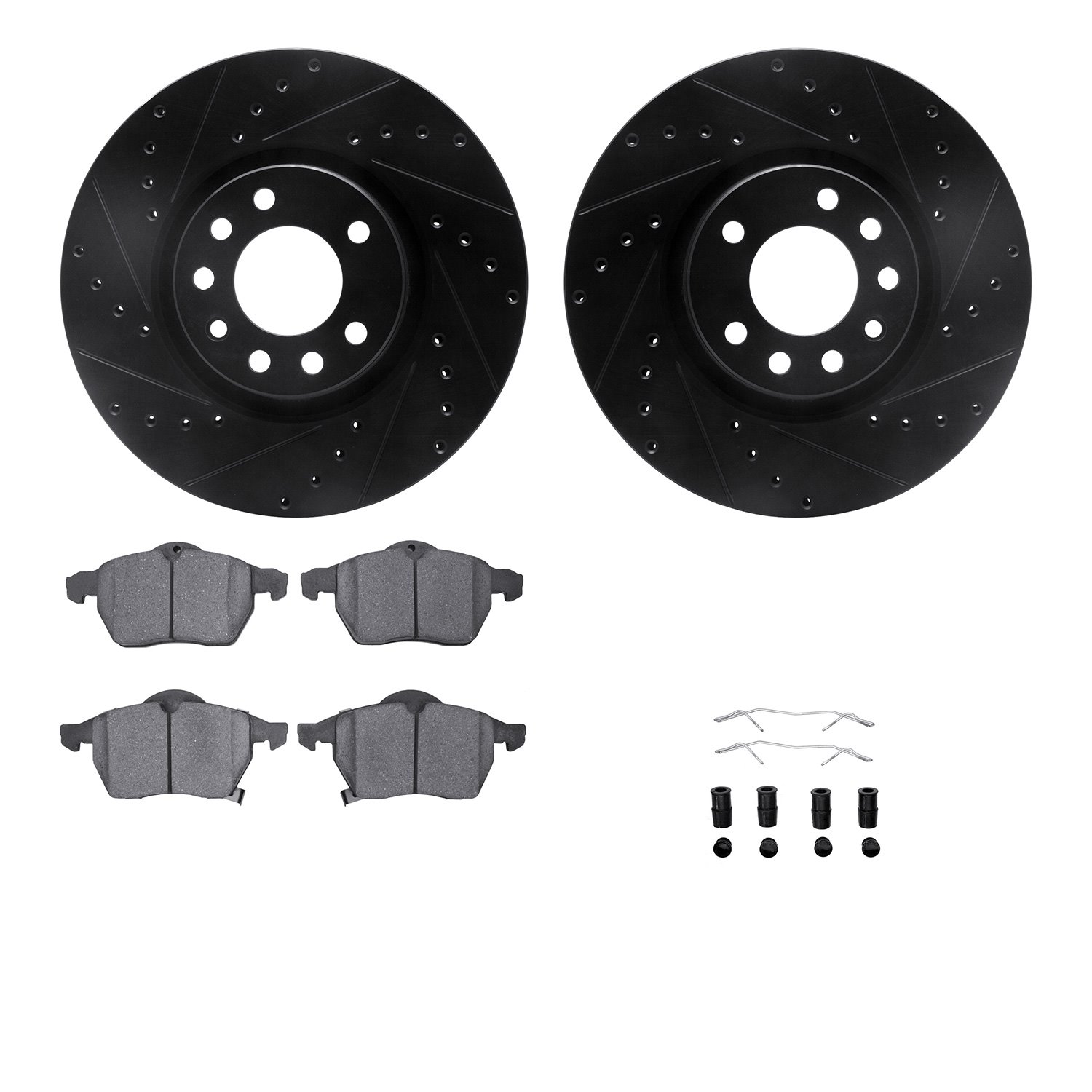 8512-65070 Drilled/Slotted Brake Rotors w/5000 Advanced Brake Pads Kit & Hardware [Black], 1999-2010 GM, Position: Front