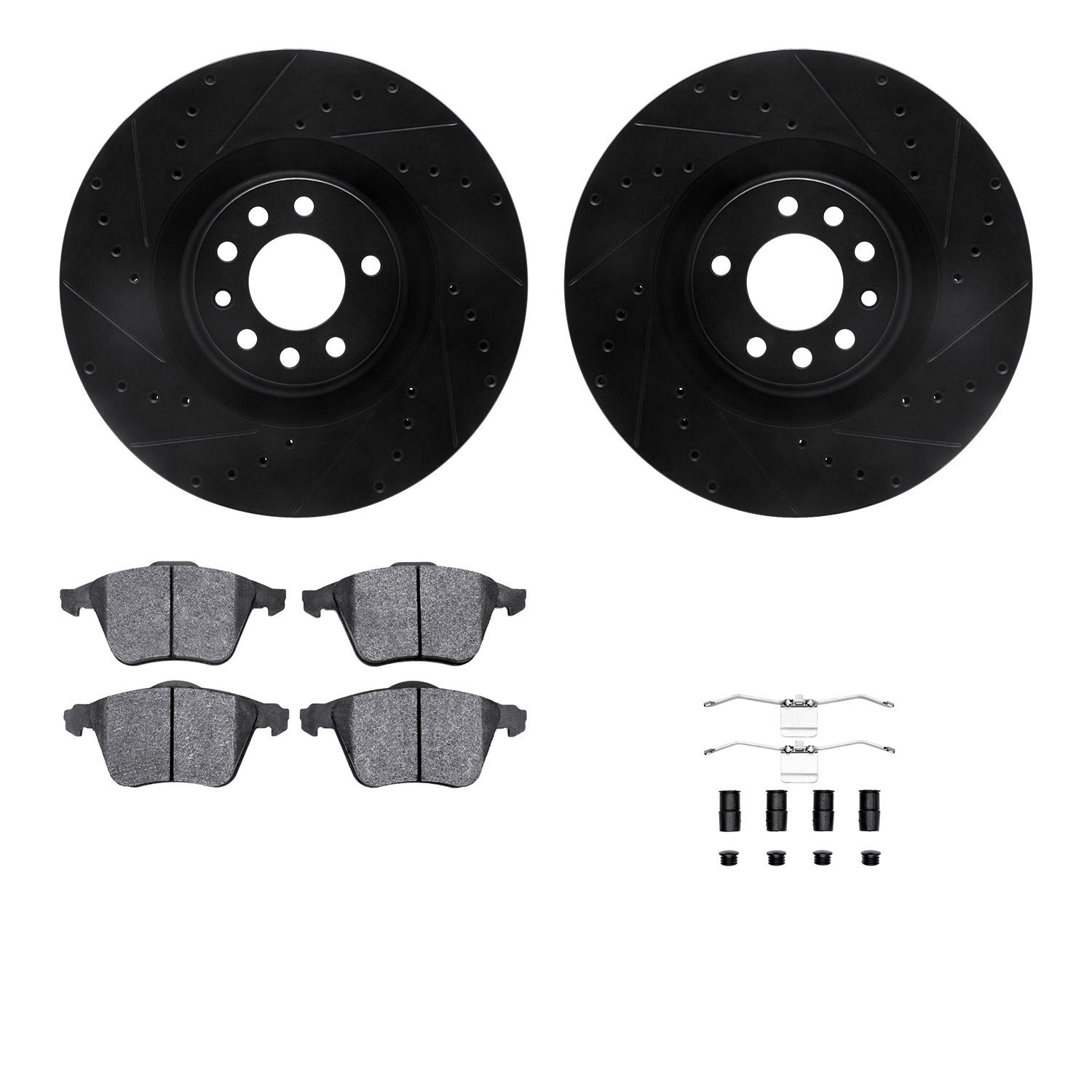 8512-65114 Drilled/Slotted Brake Rotors w/5000 Advanced Brake Pads Kit & Hardware [Black], 2008-2011 GM, Position: Front