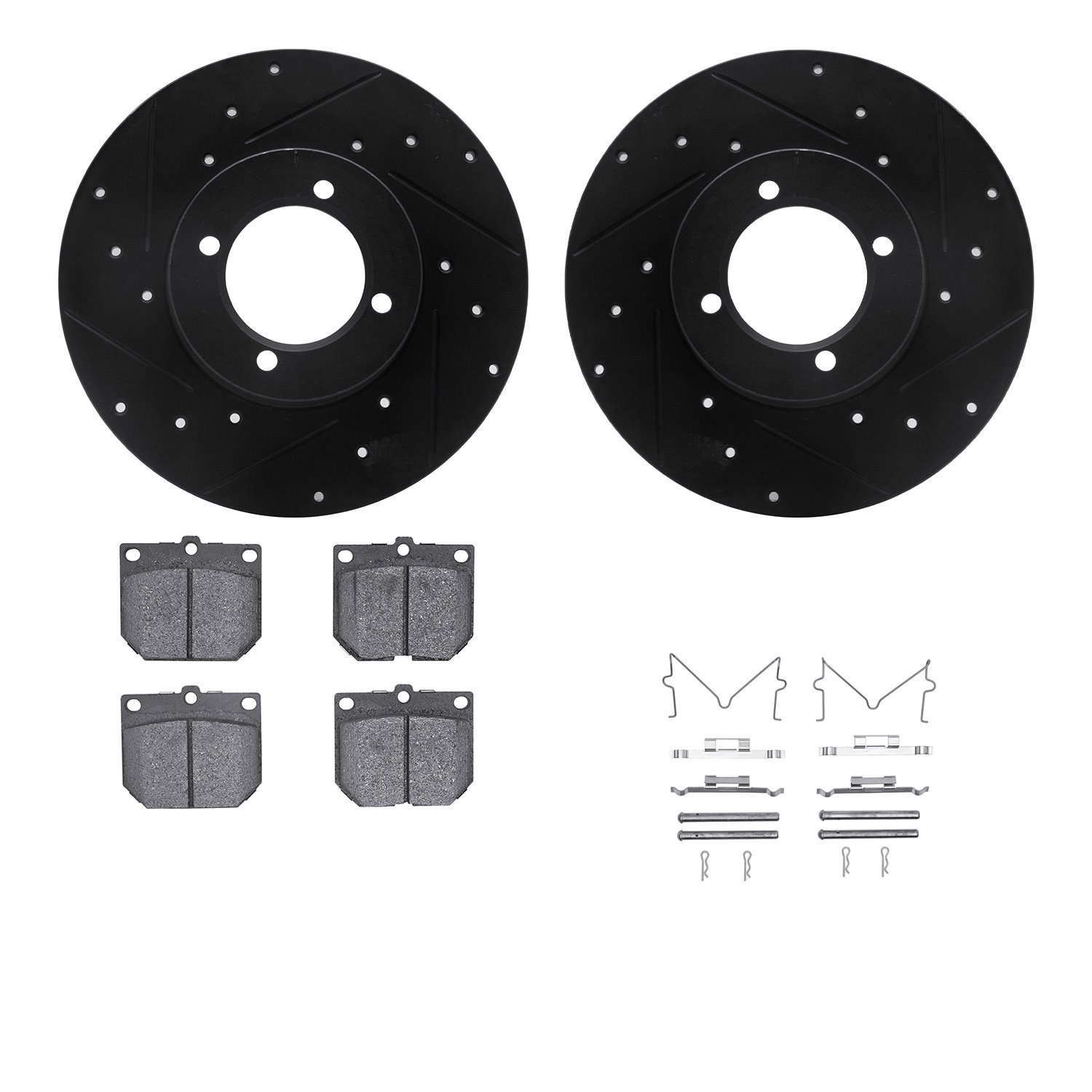 8512-67008 Drilled/Slotted Brake Rotors w/5000 Advanced Brake Pads Kit & Hardware [Black], 1980-1983 Infiniti/Nissan, Position: