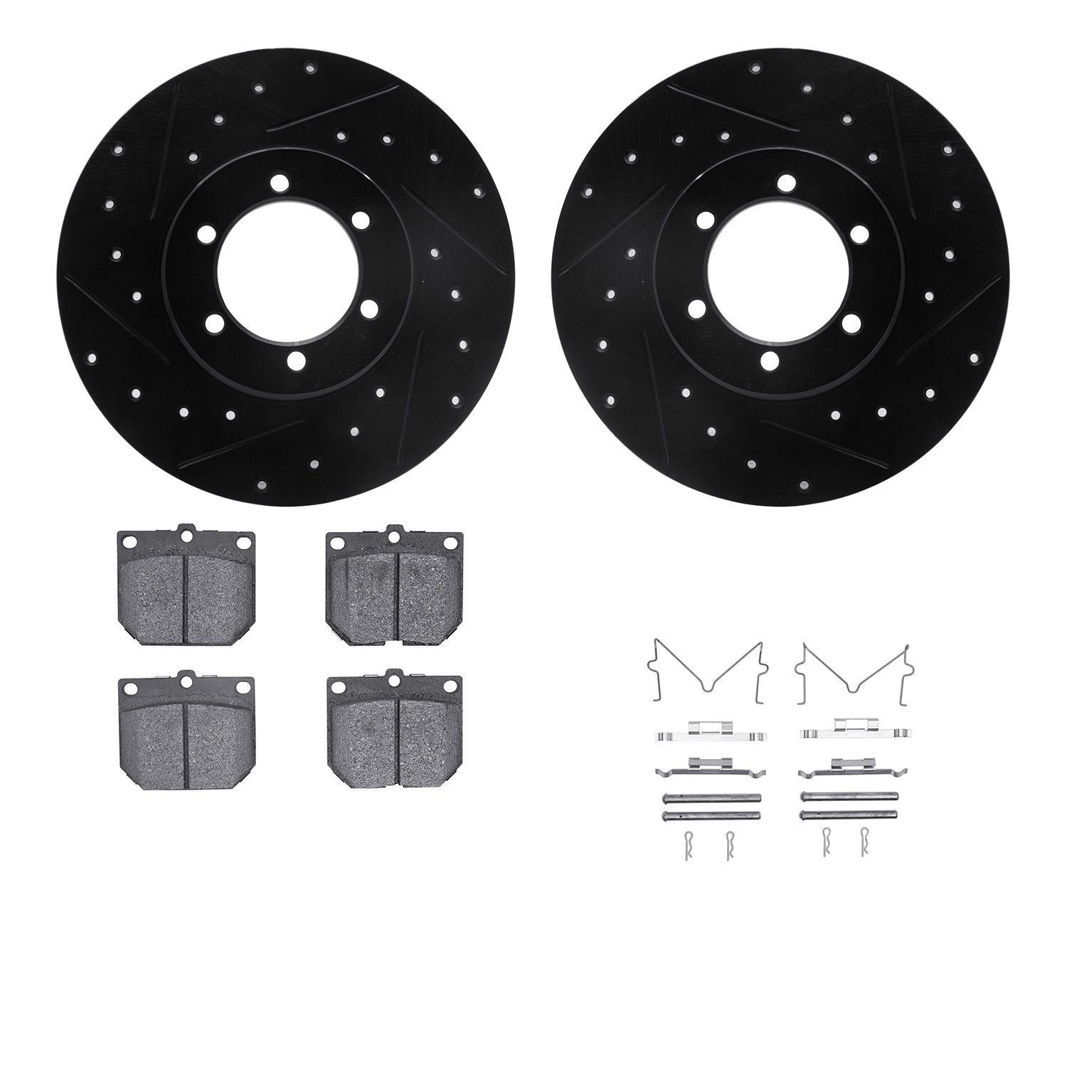 8512-67009 Drilled/Slotted Brake Rotors w/5000 Advanced Brake Pads Kit & Hardware [Black], 1978-1982 Infiniti/Nissan, Position: