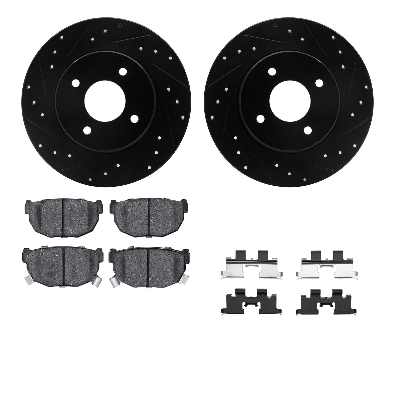 8512-67015 Drilled/Slotted Brake Rotors w/5000 Advanced Brake Pads Kit & Hardware [Black], 1984-1985 Infiniti/Nissan, Position: