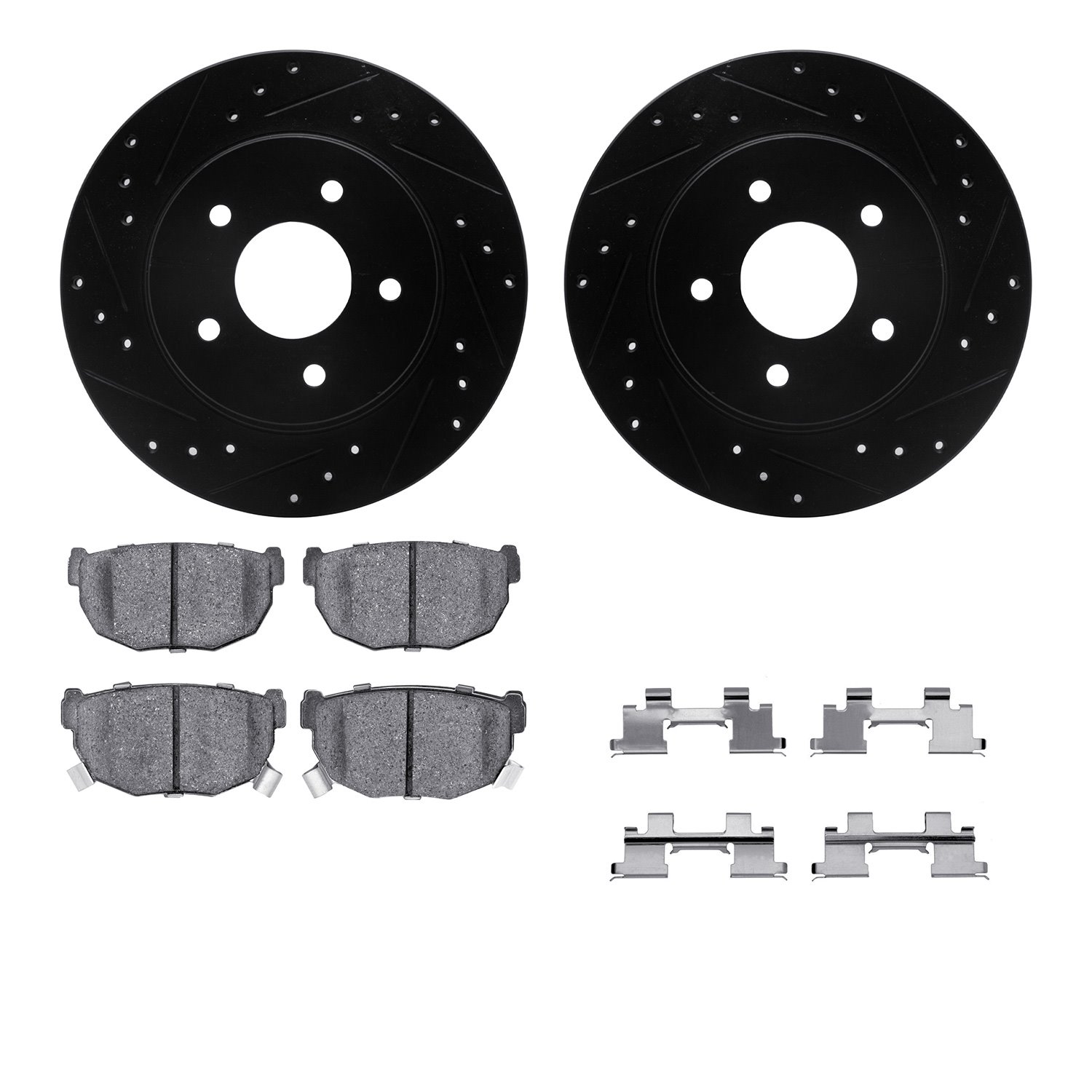 8512-67027 Drilled/Slotted Brake Rotors w/5000 Advanced Brake Pads Kit & Hardware [Black], 1987-1989 Infiniti/Nissan, Position: