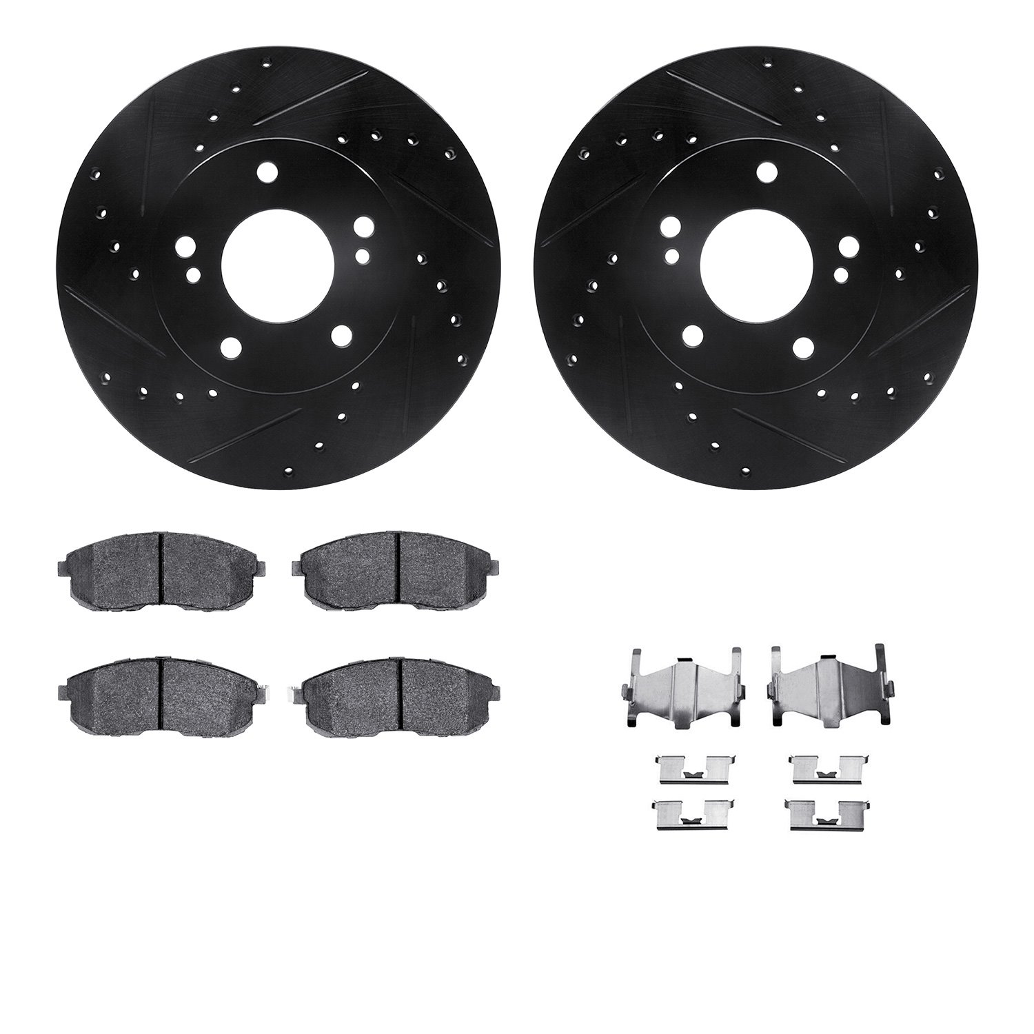 8512-67031 Drilled/Slotted Brake Rotors w/5000 Advanced Brake Pads Kit & Hardware [Black], 1989-1999 Infiniti/Nissan, Position: