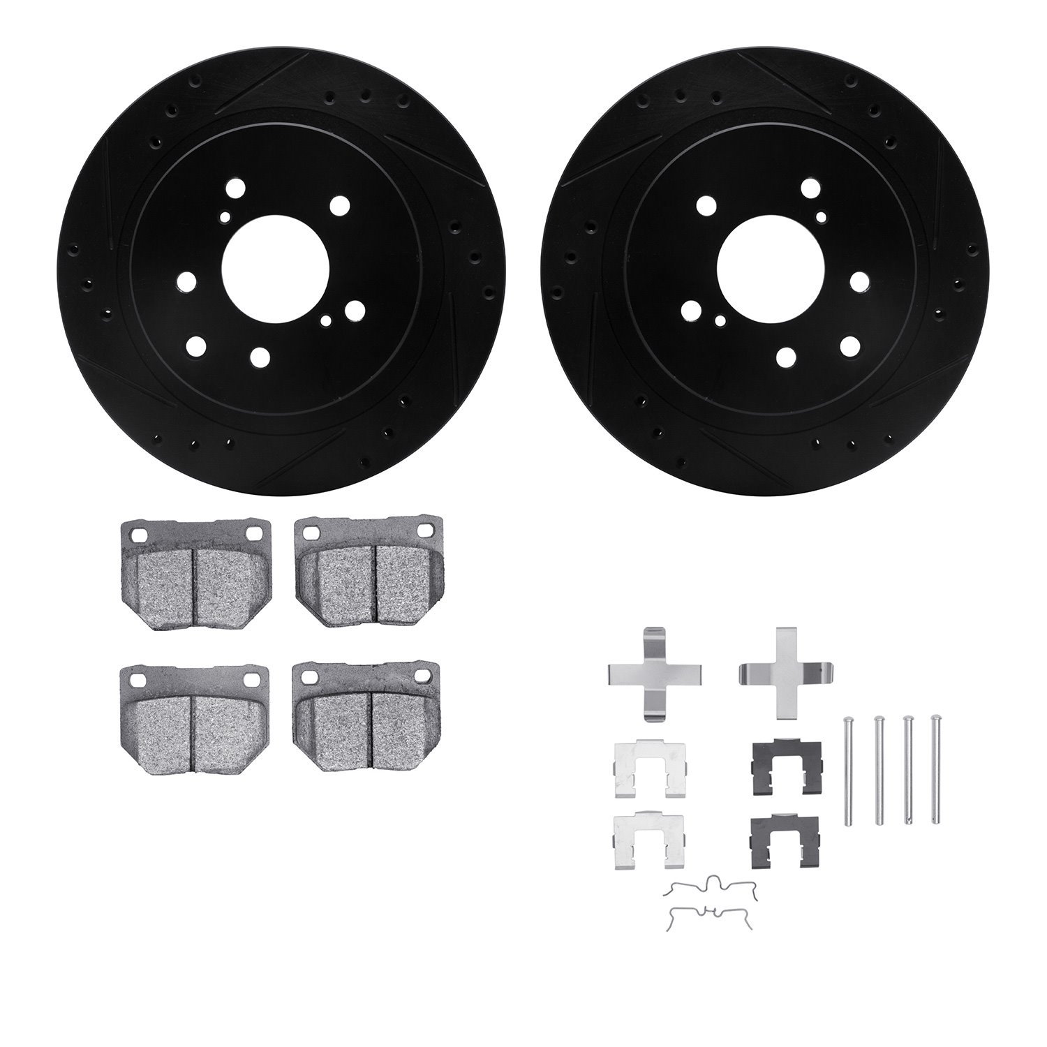 8512-67035 Drilled/Slotted Brake Rotors w/5000 Advanced Brake Pads Kit & Hardware [Black], 1989-1996 Infiniti/Nissan, Position: