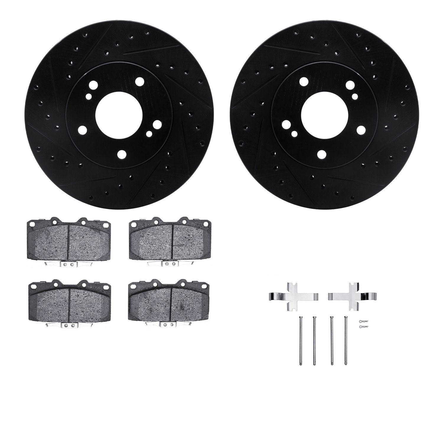 8512-67036 Drilled/Slotted Brake Rotors w/5000 Advanced Brake Pads Kit & Hardware [Black], 1989-1996 Infiniti/Nissan, Position: