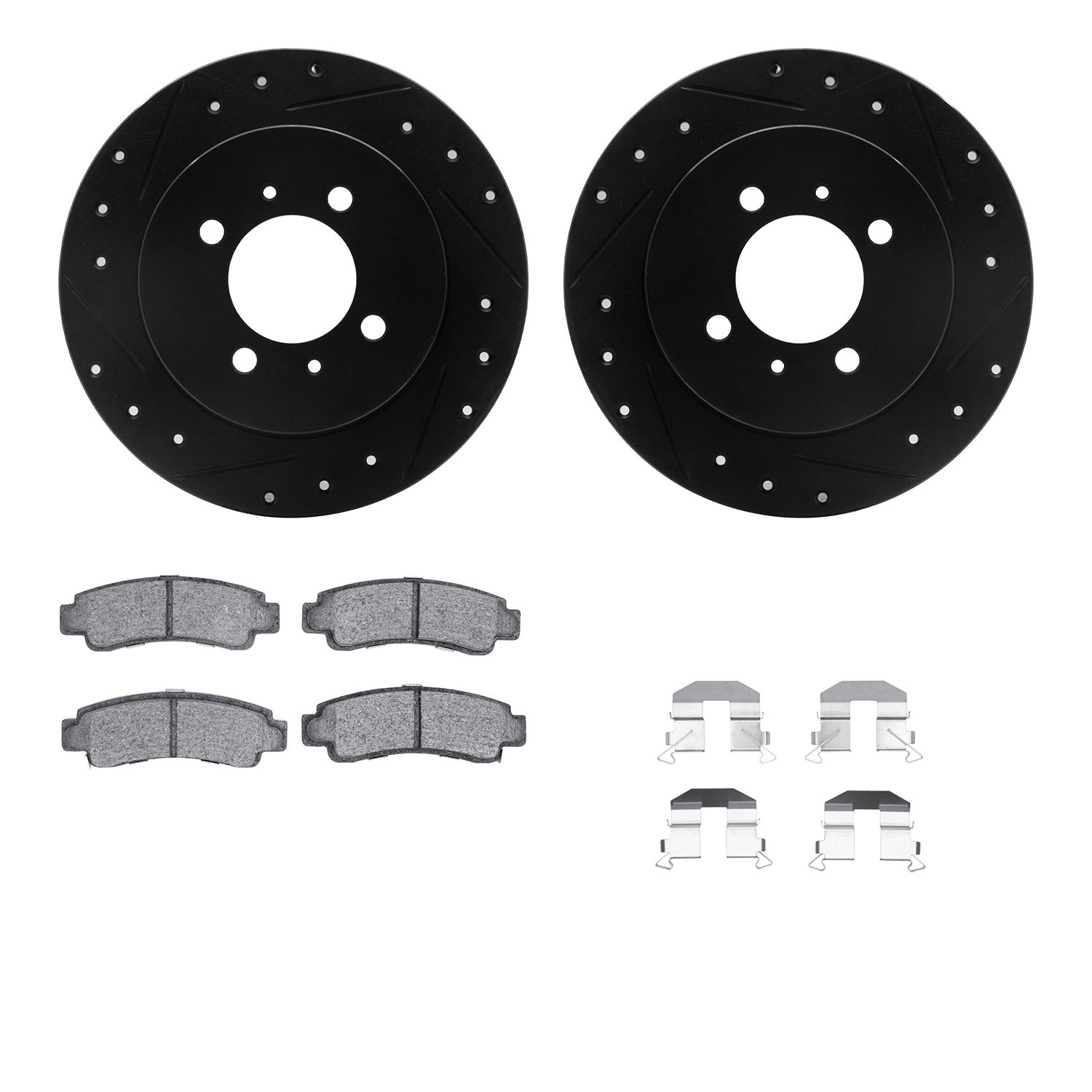 8512-67040 Drilled/Slotted Brake Rotors w/5000 Advanced Brake Pads Kit & Hardware [Black], 1991-1994 Infiniti/Nissan, Position: