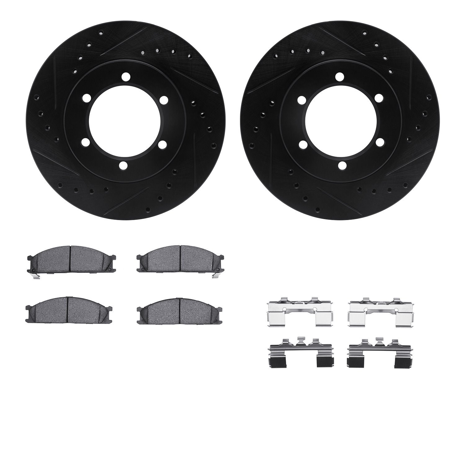 8512-67052 Drilled/Slotted Brake Rotors w/5000 Advanced Brake Pads Kit & Hardware [Black], 1998-2015 Infiniti/Nissan, Position: