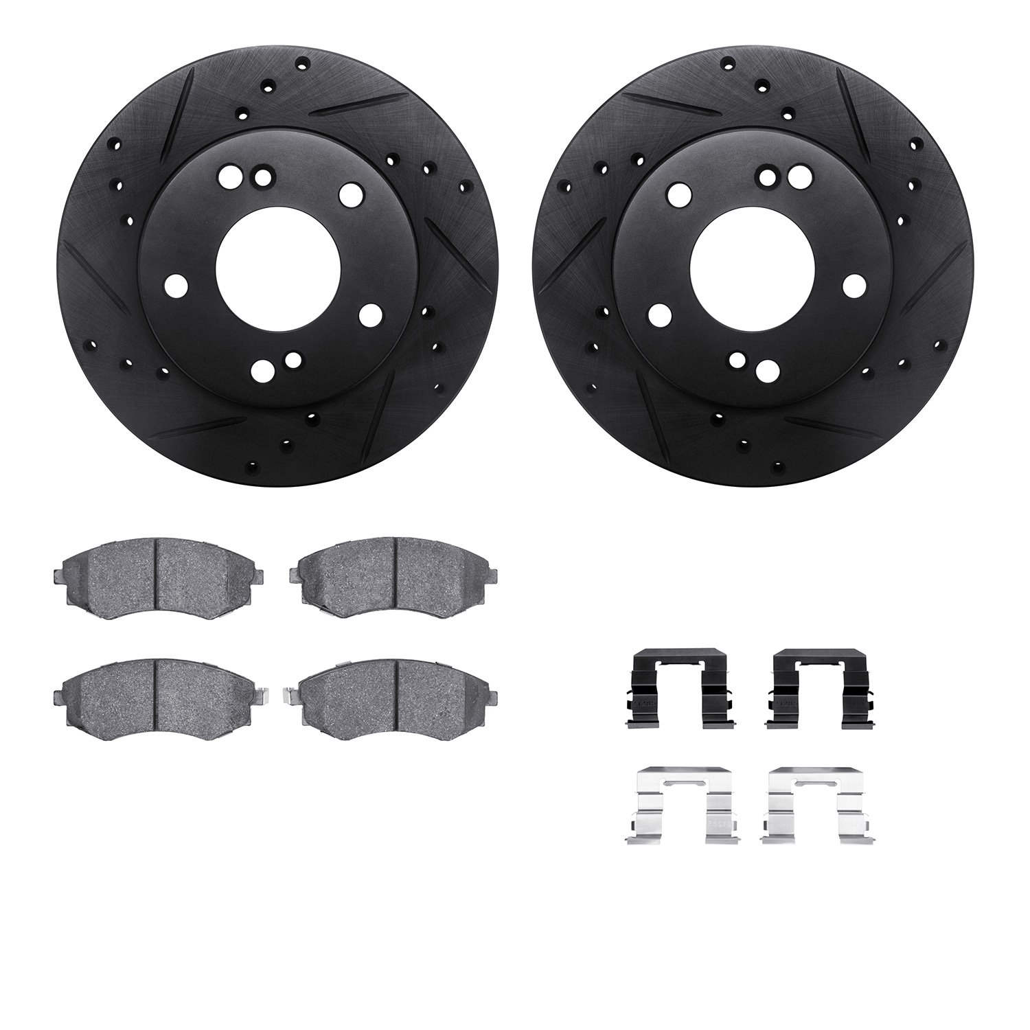8512-67054 Drilled/Slotted Brake Rotors w/5000 Advanced Brake Pads Kit & Hardware [Black], 1997-1998 Infiniti/Nissan, Position: