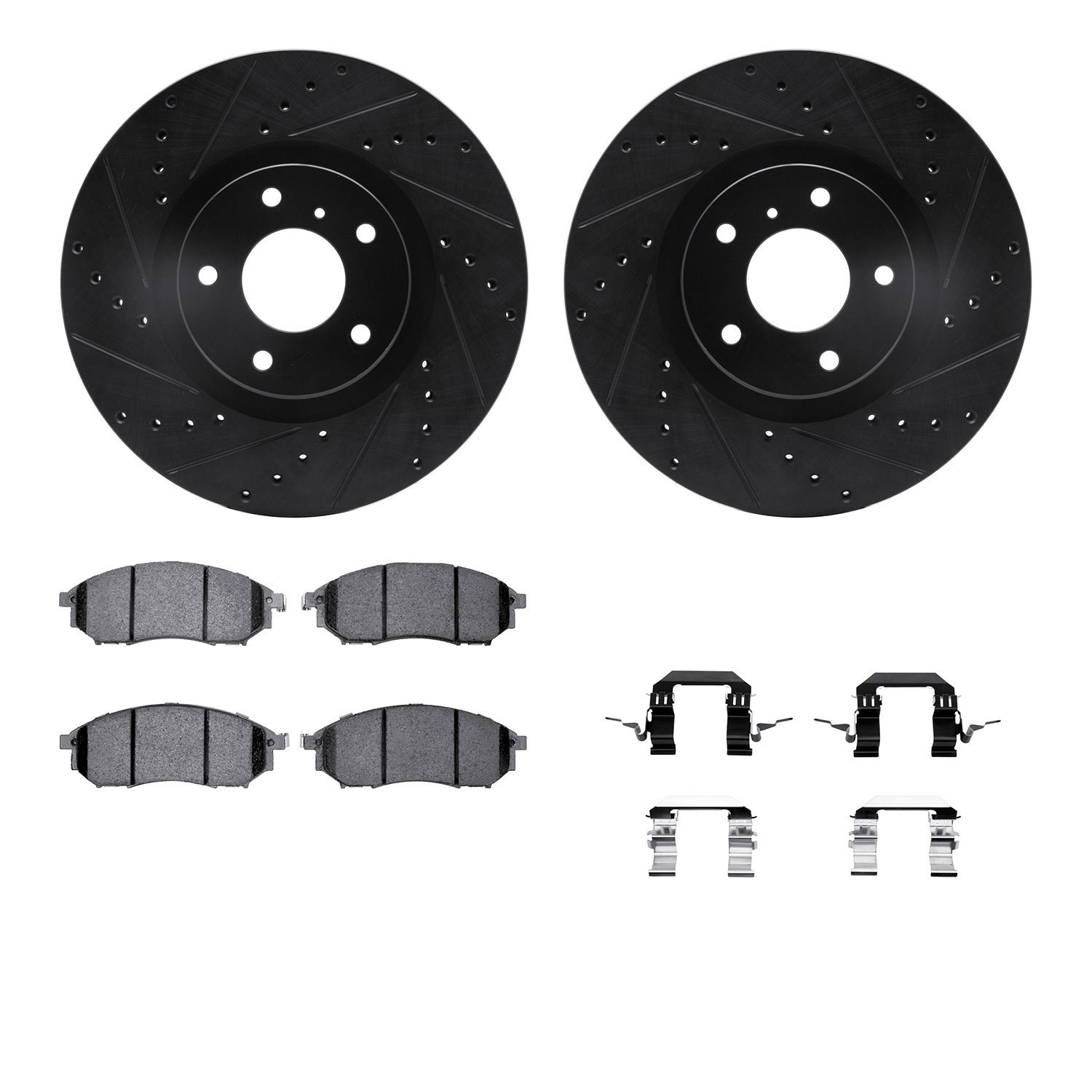 8512-67059 Drilled/Slotted Brake Rotors w/5000 Advanced Brake Pads Kit & Hardware [Black], 2005-2013 Infiniti/Nissan, Position: