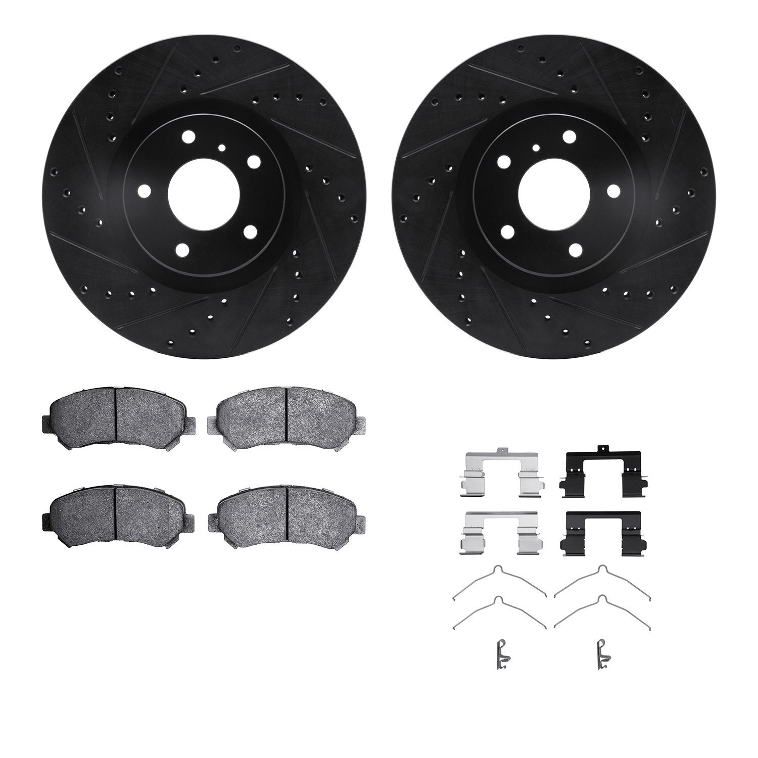 8512-67060 Drilled/Slotted Brake Rotors w/5000 Advanced Brake Pads Kit & Hardware [Black], 2009-2021 Infiniti/Nissan, Position: