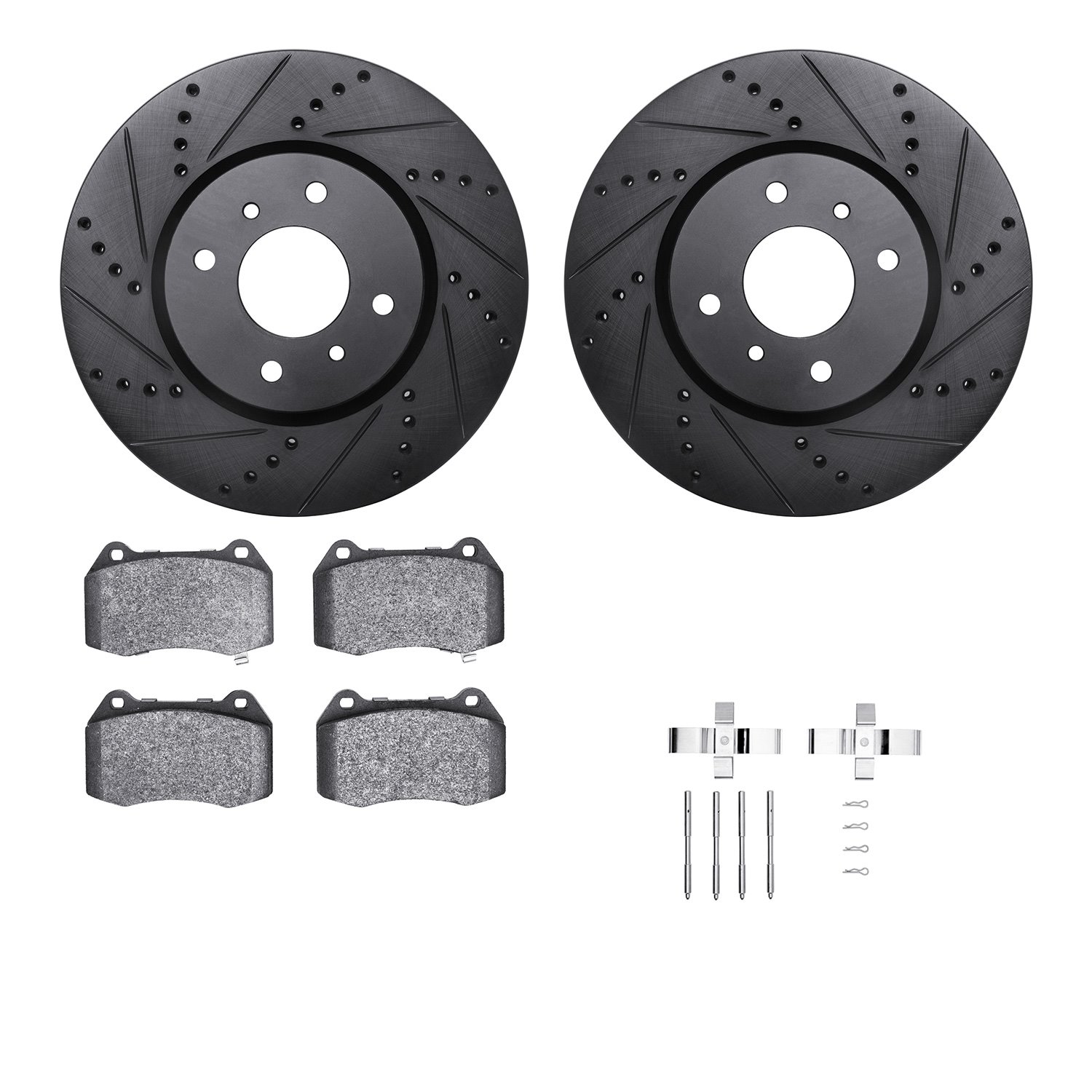 8512-67062 Drilled/Slotted Brake Rotors w/5000 Advanced Brake Pads Kit & Hardware [Black], 2004-2006 Infiniti/Nissan, Position: