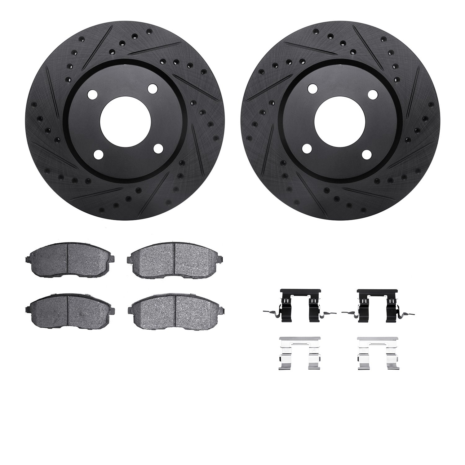 8512-67065 Drilled/Slotted Brake Rotors w/5000 Advanced Brake Pads Kit & Hardware [Black], 2007-2014 Infiniti/Nissan, Position: