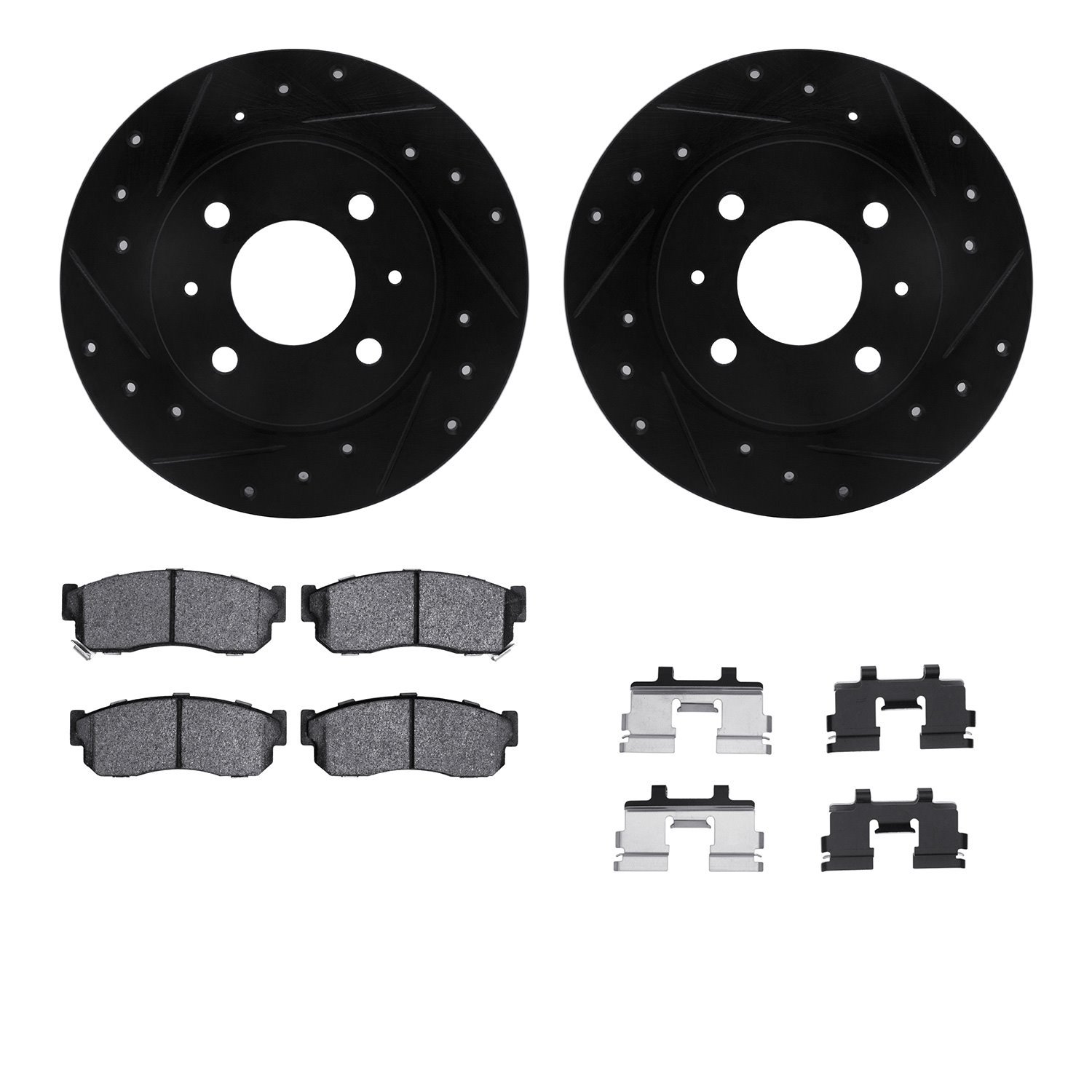 8512-67074 Drilled/Slotted Brake Rotors w/5000 Advanced Brake Pads Kit & Hardware [Black], 1986-1994 Infiniti/Nissan, Position: