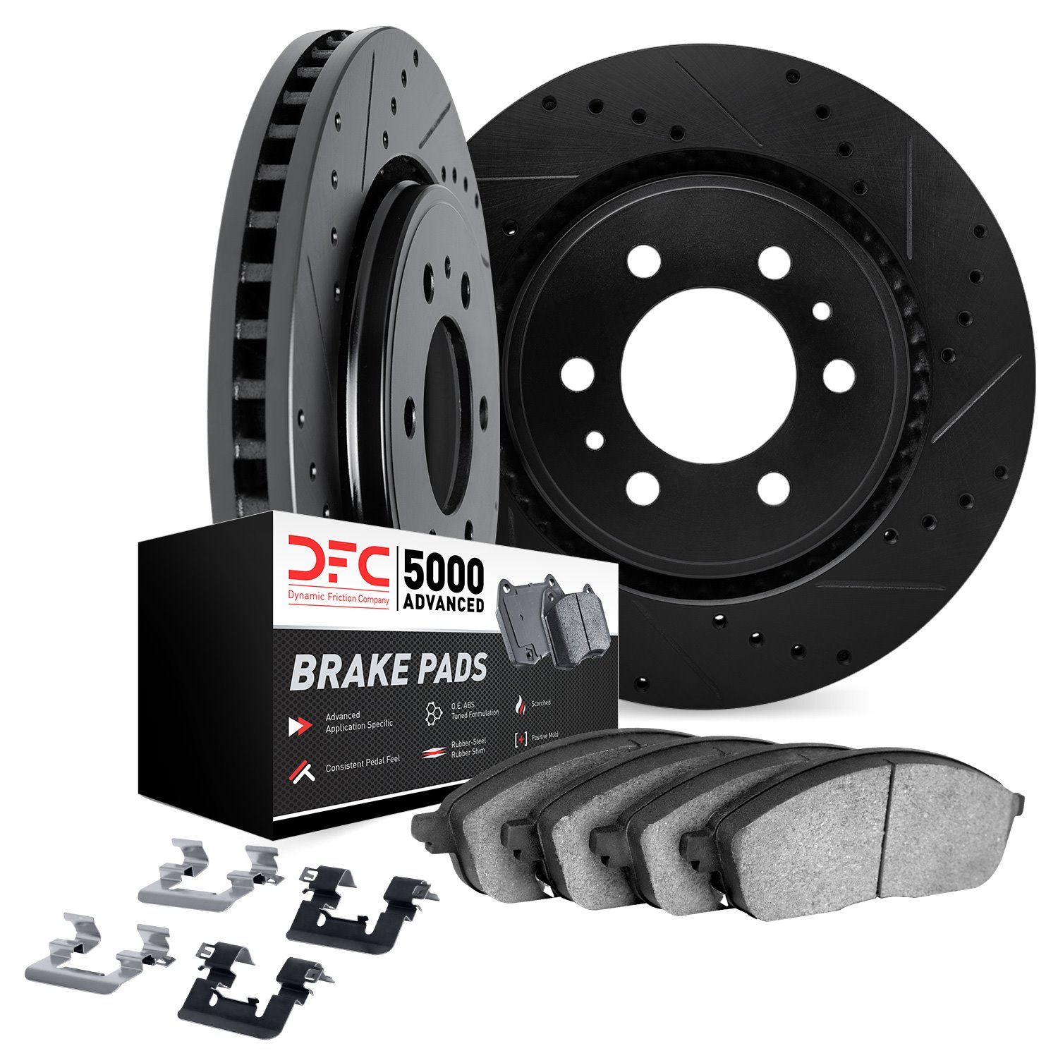 8512-67077 Drilled/Slotted Brake Rotors w/5000 Advanced Brake Pads Kit & Hardware [Black], 1996-1998 Infiniti/Nissan, Position: