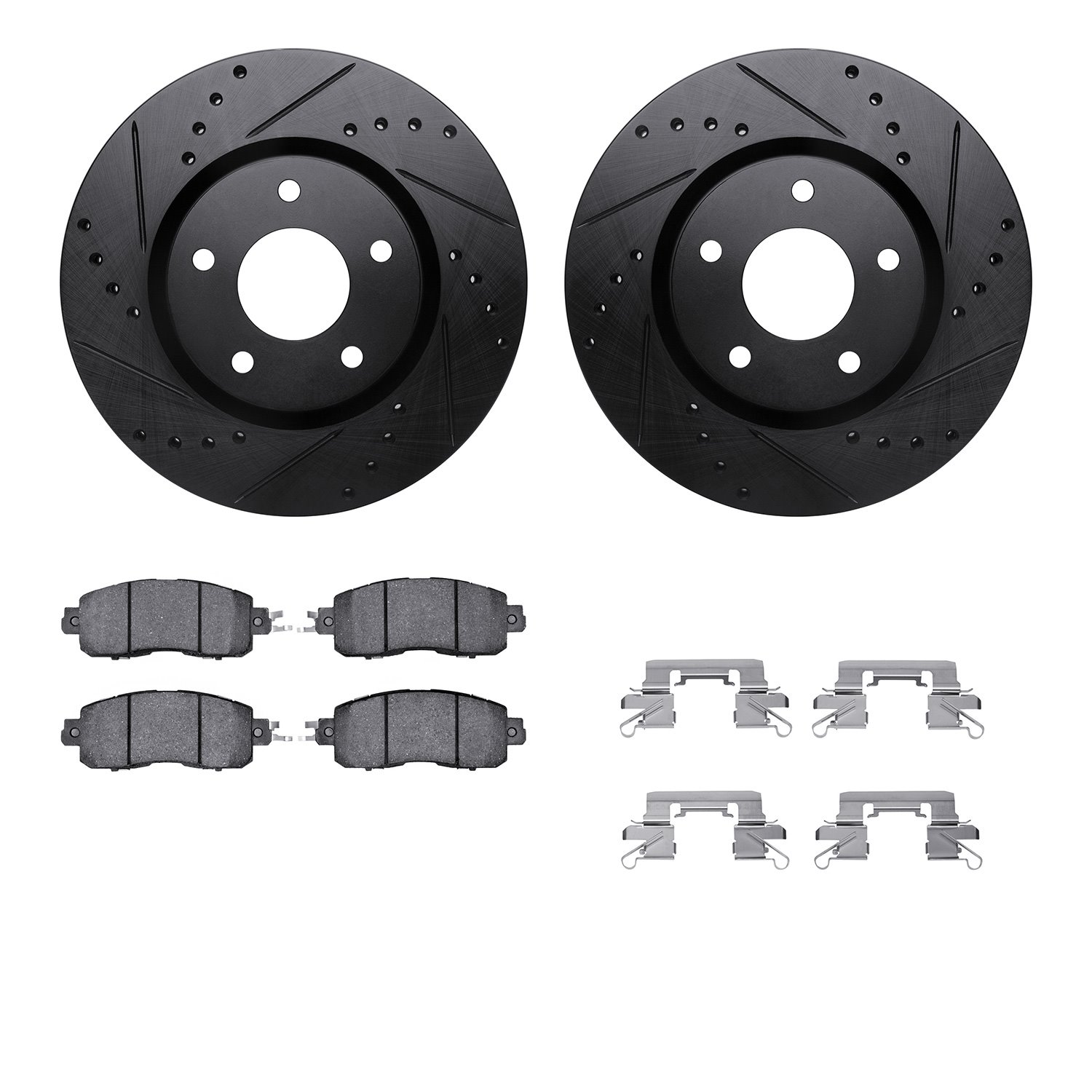 8512-67081 Drilled/Slotted Brake Rotors w/5000 Advanced Brake Pads Kit & Hardware [Black], Fits Select Infiniti/Nissan, Position