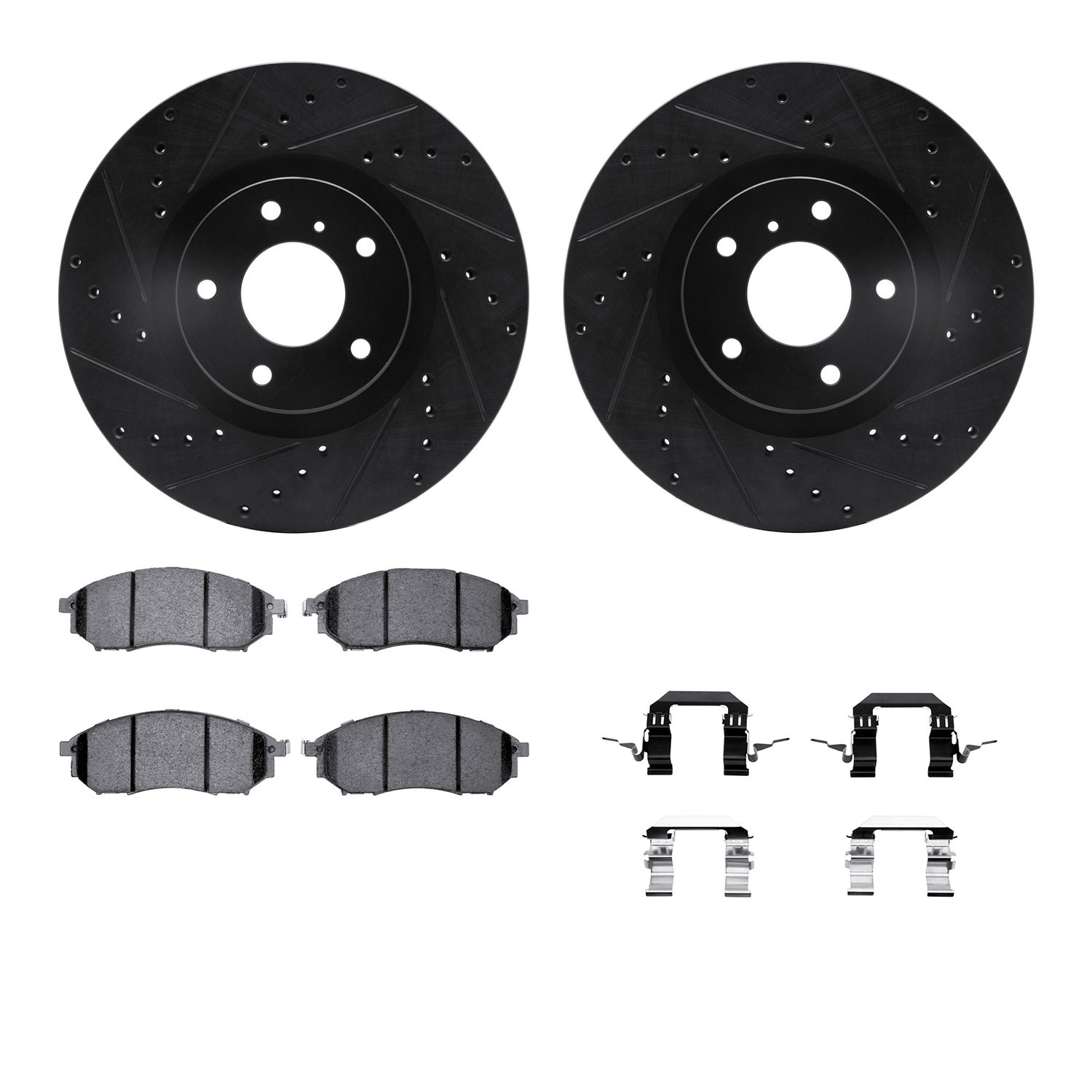 8512-67091 Drilled/Slotted Brake Rotors w/5000 Advanced Brake Pads Kit & Hardware [Black], 2006-2020 Infiniti/Nissan, Position: