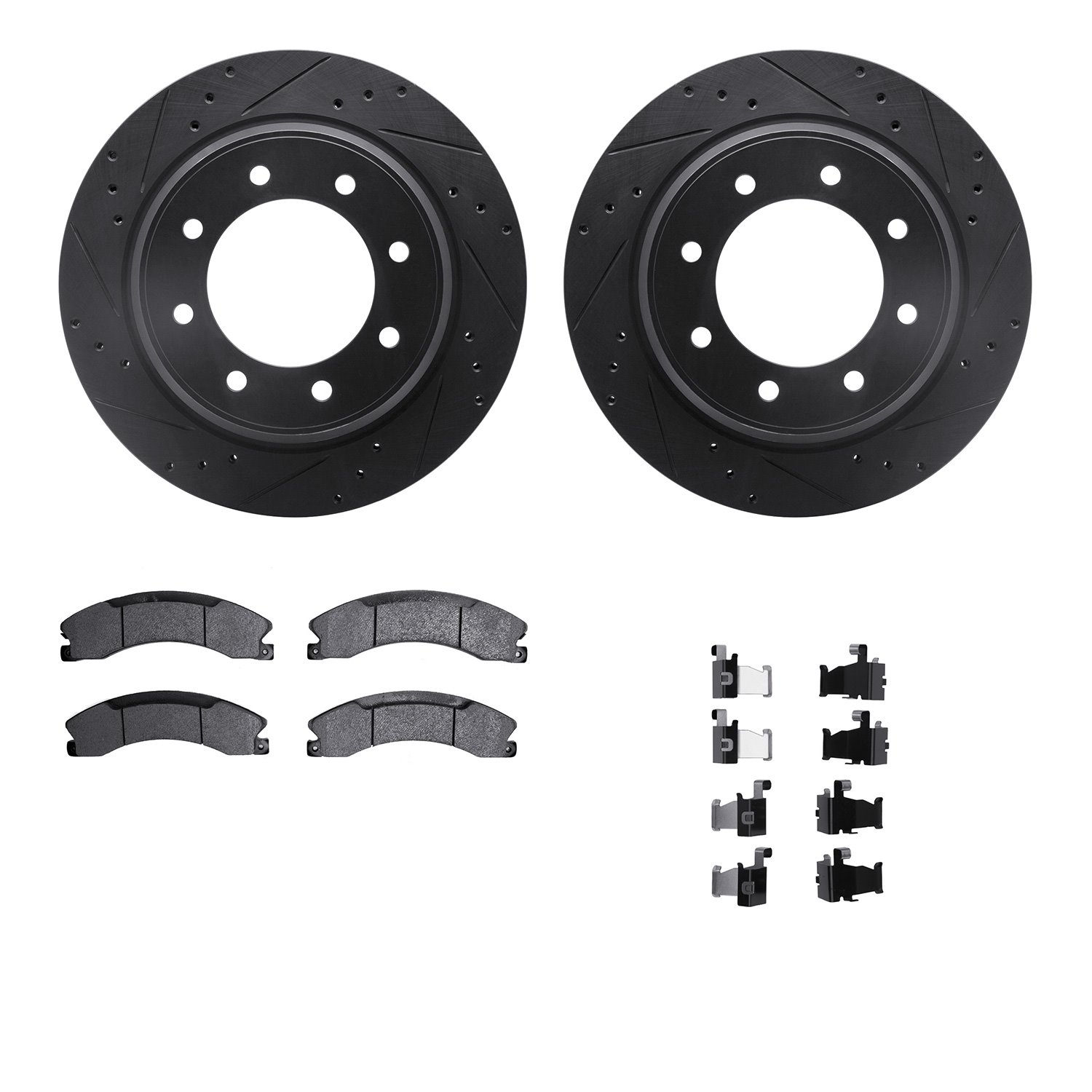 8512-67096 Drilled/Slotted Brake Rotors w/5000 Advanced Brake Pads Kit & Hardware [Black], 2012-2021 Infiniti/Nissan, Position: