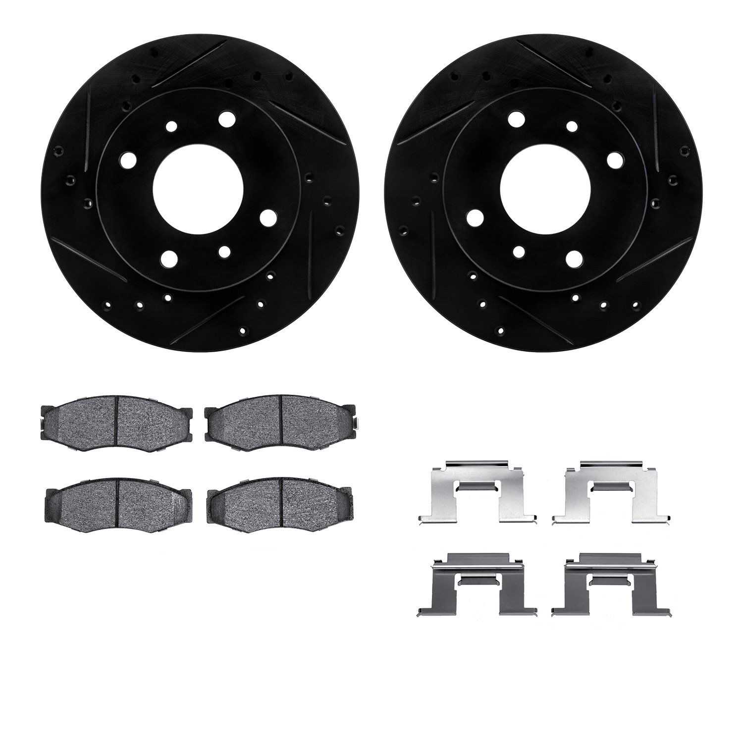 8512-67097 Drilled/Slotted Brake Rotors w/5000 Advanced Brake Pads Kit & Hardware [Black], 1985-1989 Infiniti/Nissan, Position: