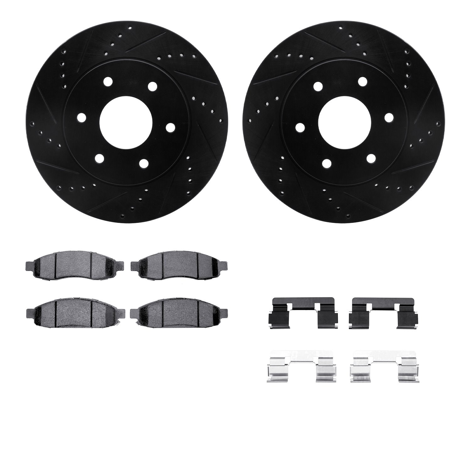 8512-67112 Drilled/Slotted Brake Rotors w/5000 Advanced Brake Pads Kit & Hardware [Black], 2004-2005 Infiniti/Nissan, Position: