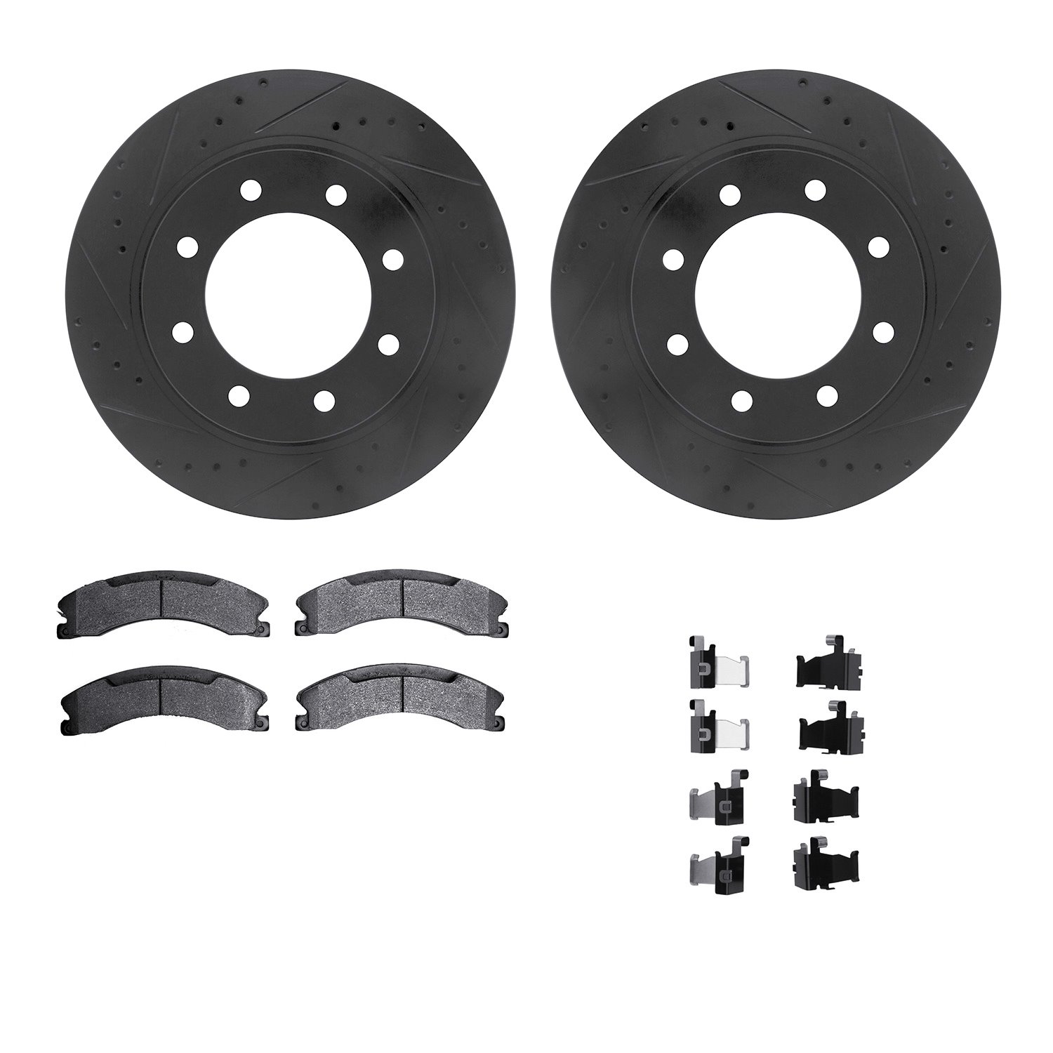 8512-67114 Drilled/Slotted Brake Rotors w/5000 Advanced Brake Pads Kit & Hardware [Black], 2012-2021 Infiniti/Nissan, Position: