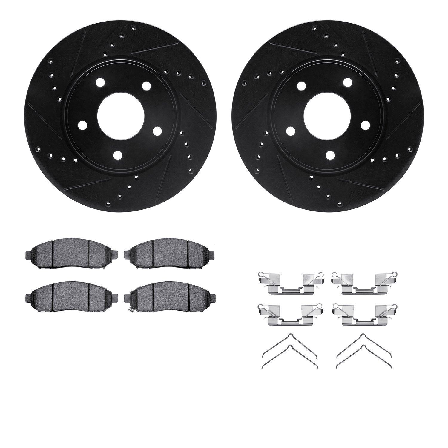 8512-67115 Drilled/Slotted Brake Rotors w/5000 Advanced Brake Pads Kit & Hardware [Black], 2011-2021 Multiple Makes/Models, Posi