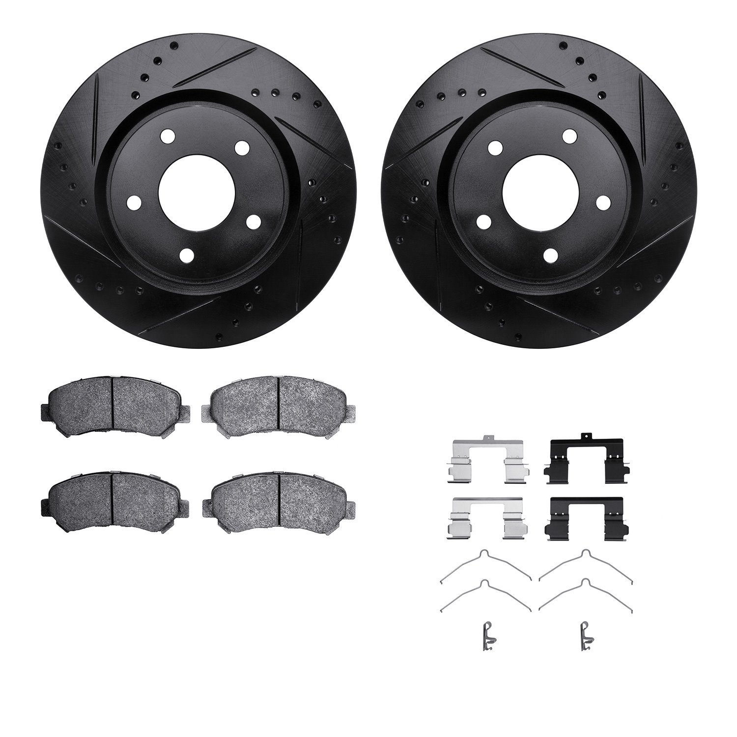 8512-67116 Drilled/Slotted Brake Rotors w/5000 Advanced Brake Pads Kit & Hardware [Black], 2008-2015 Infiniti/Nissan, Position: