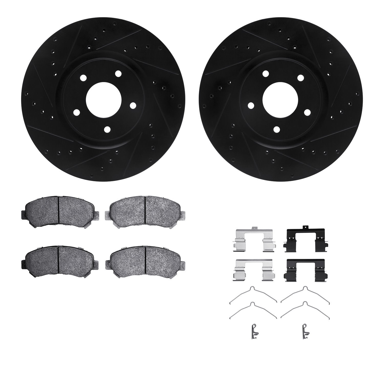 8512-67117 Drilled/Slotted Brake Rotors w/5000 Advanced Brake Pads Kit & Hardware [Black], 2007-2017 Infiniti/Nissan, Position: