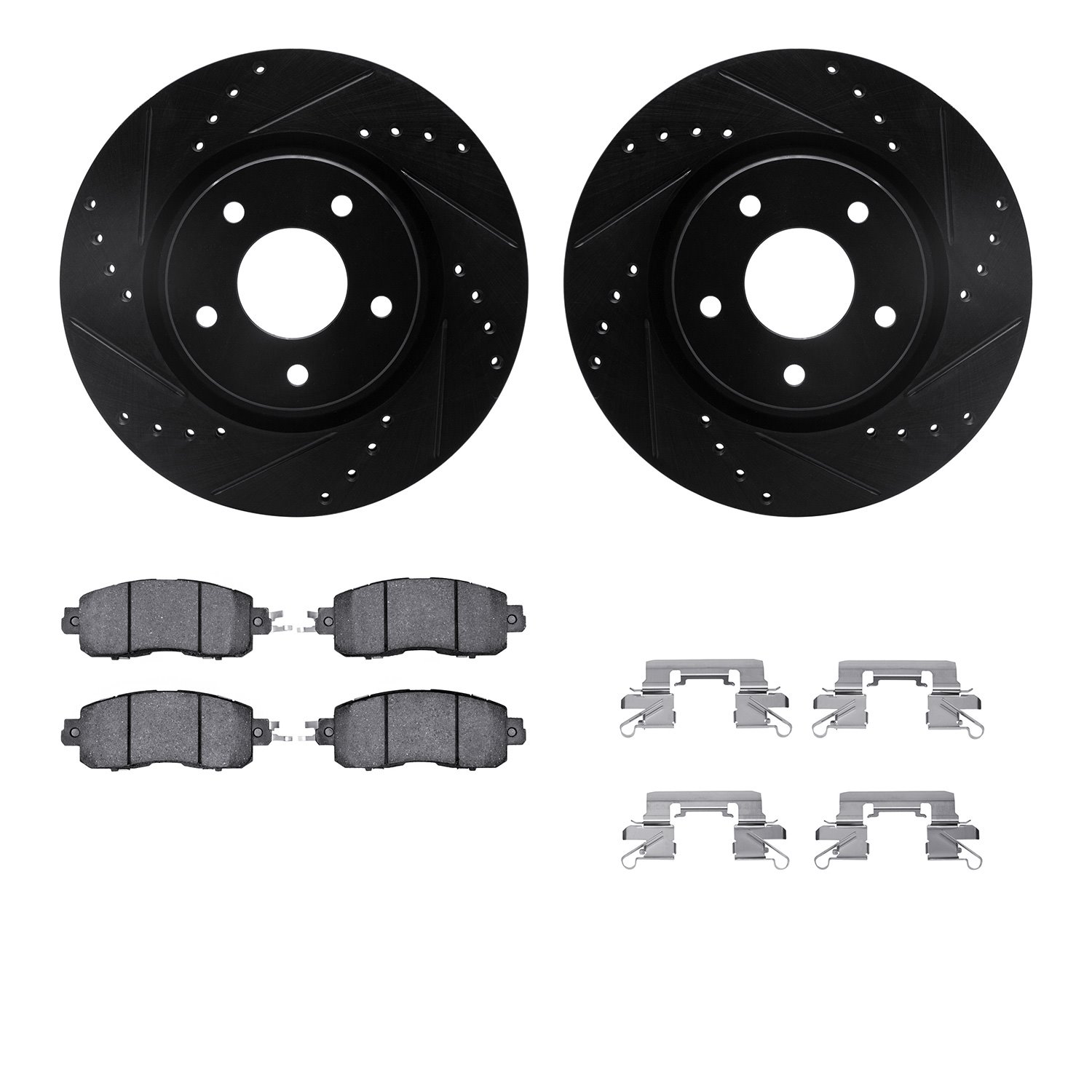 8512-67122 Drilled/Slotted Brake Rotors w/5000 Advanced Brake Pads Kit & Hardware [Black], 2014-2017 Infiniti/Nissan, Position: