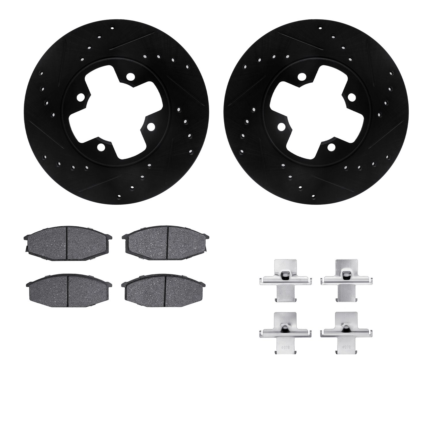 8512-67124 Drilled/Slotted Brake Rotors w/5000 Advanced Brake Pads Kit & Hardware [Black], 1979-1983 Infiniti/Nissan, Position: