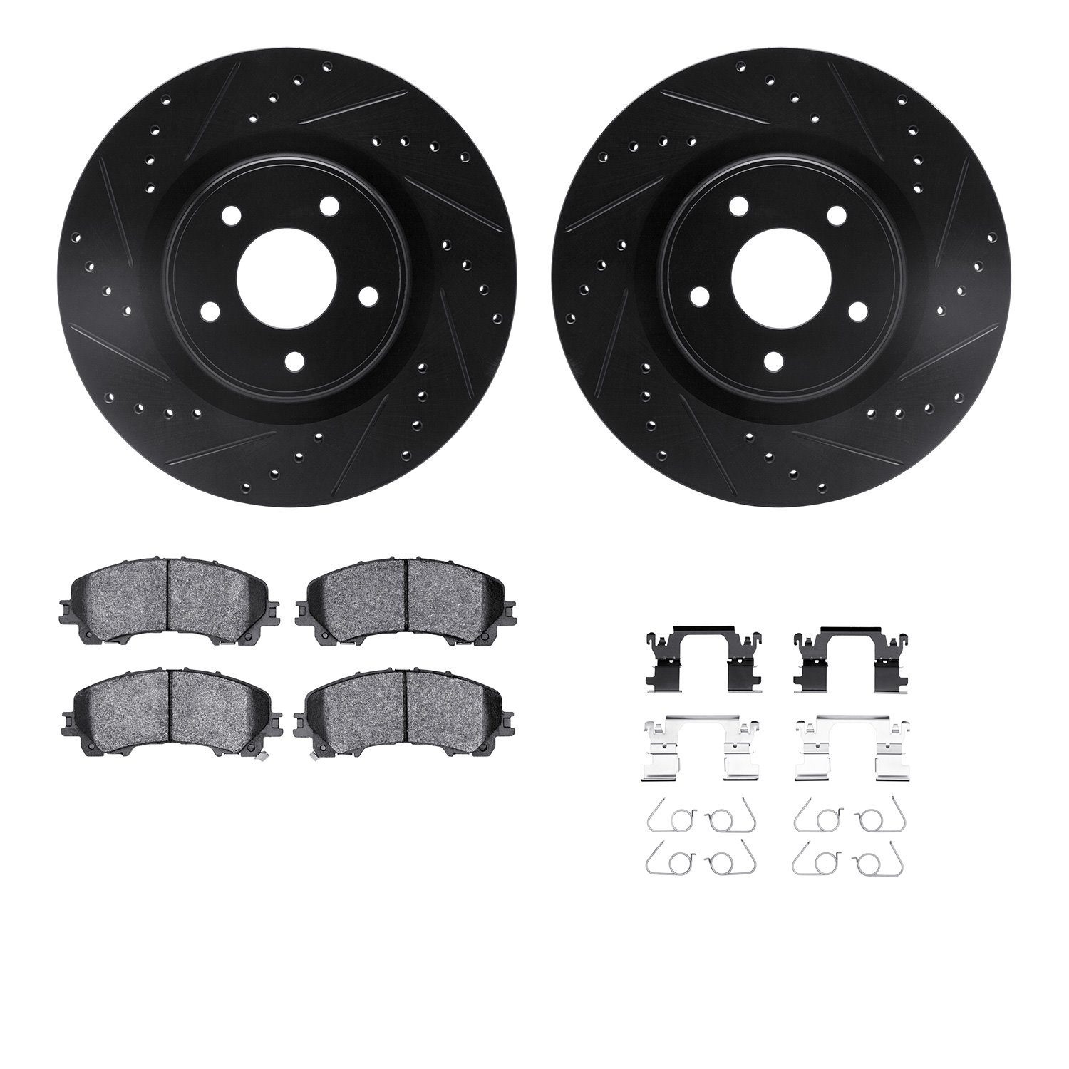 8512-67129 Drilled/Slotted Brake Rotors w/5000 Advanced Brake Pads Kit & Hardware [Black], Fits Select Infiniti/Nissan, Position