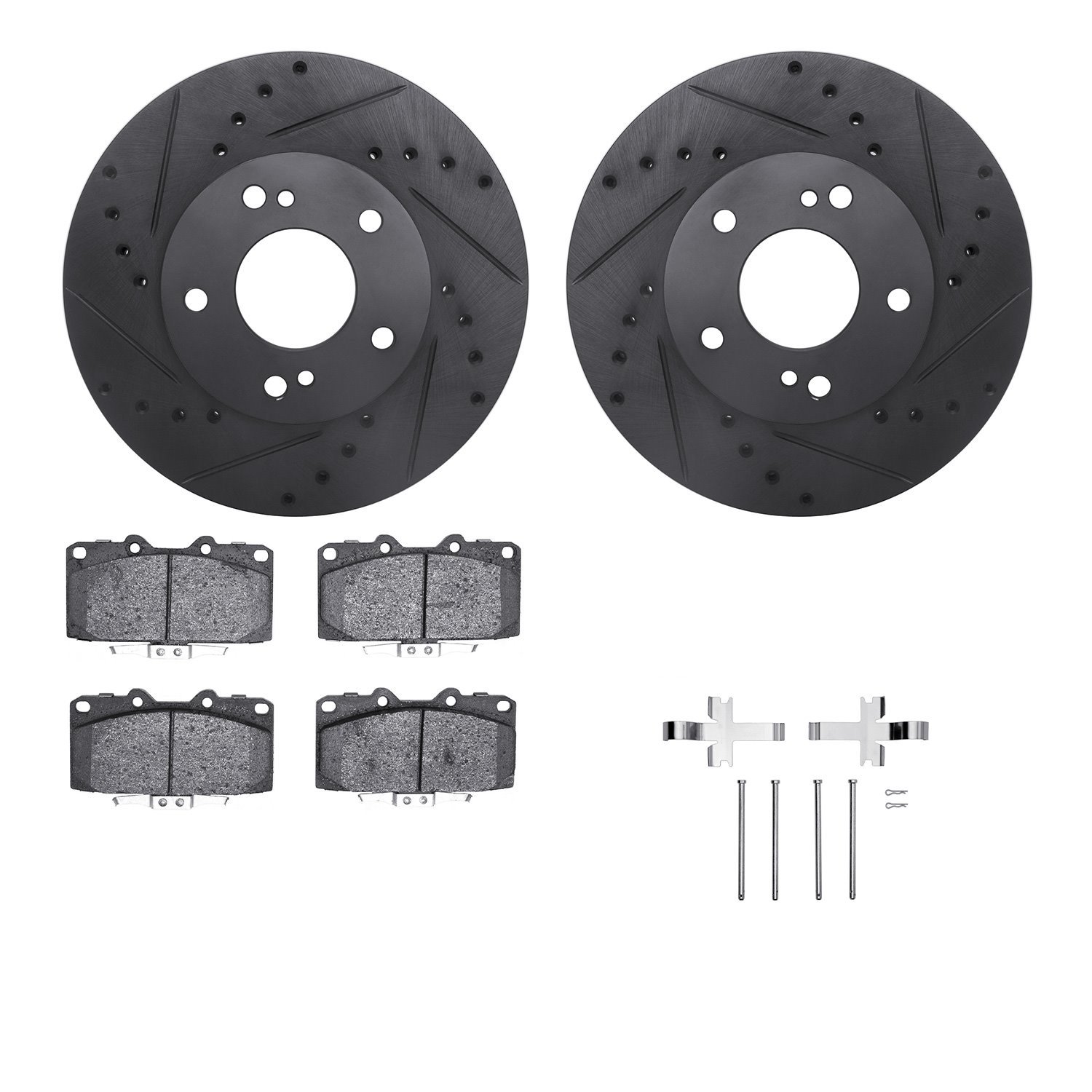 8512-67133 Drilled/Slotted Brake Rotors w/5000 Advanced Brake Pads Kit & Hardware [Black], 1989-1990 Infiniti/Nissan, Position: