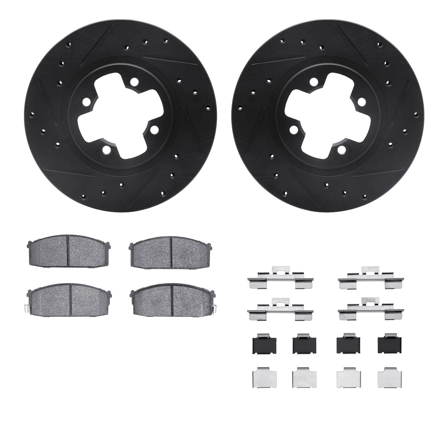 8512-67138 Drilled/Slotted Brake Rotors w/5000 Advanced Brake Pads Kit & Hardware [Black], 1987-1988 Infiniti/Nissan, Position: