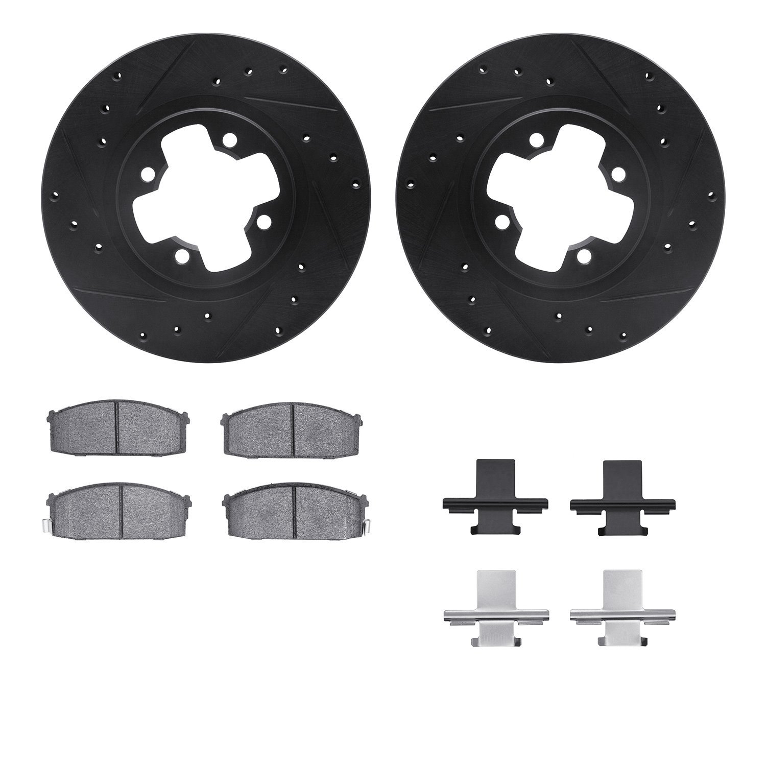 8512-67139 Drilled/Slotted Brake Rotors w/5000 Advanced Brake Pads Kit & Hardware [Black], 1981-1986 Infiniti/Nissan, Position: