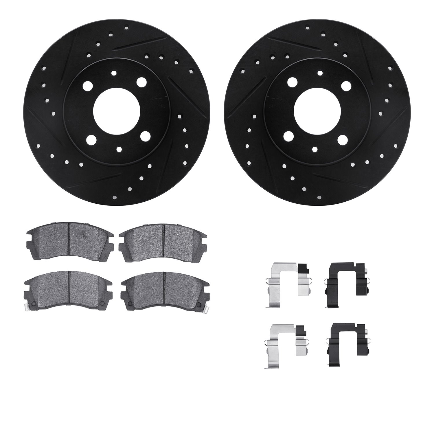 8512-67152 Drilled/Slotted Brake Rotors w/5000 Advanced Brake Pads Kit & Hardware [Black], 1991-2006 Infiniti/Nissan, Position: