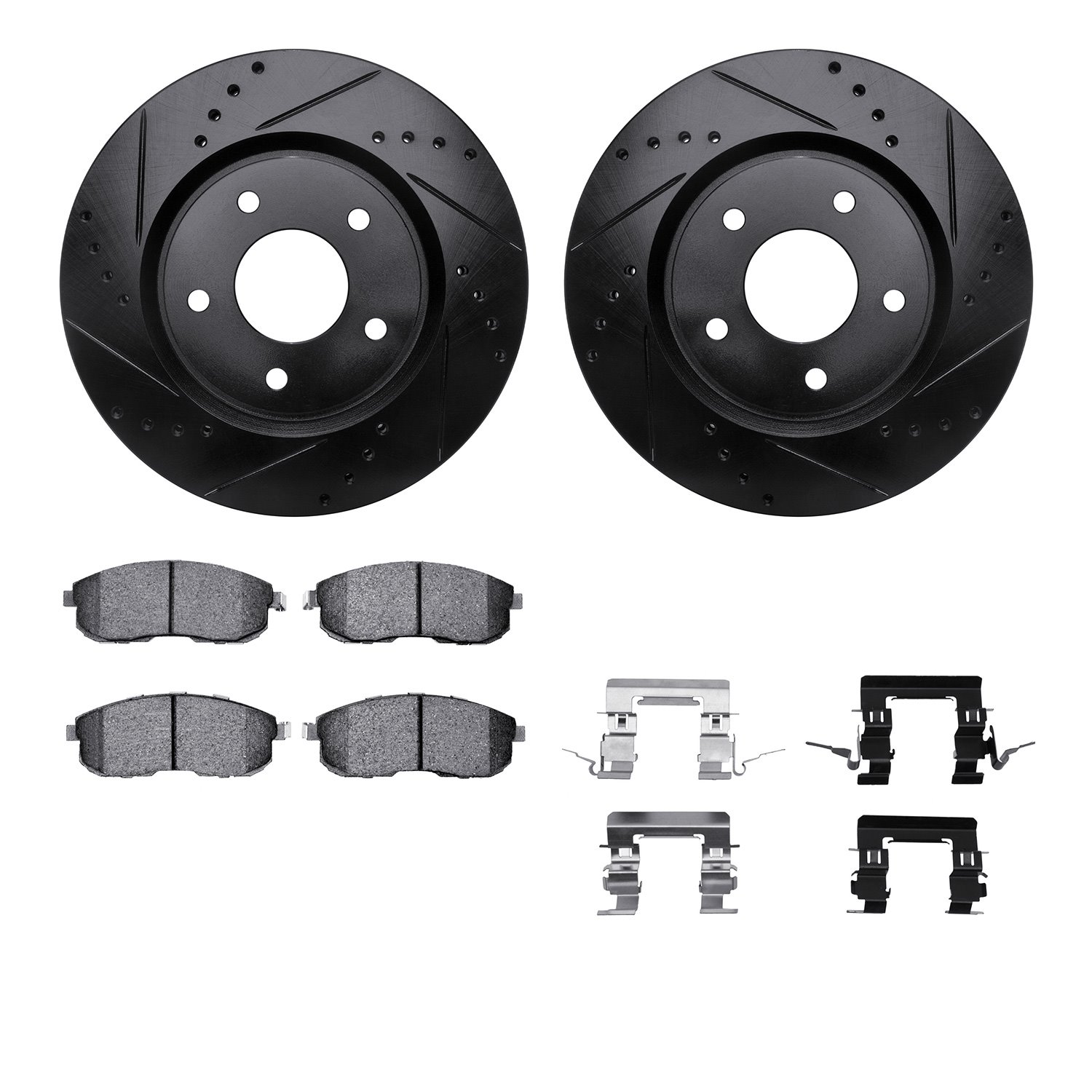 8512-67388 Drilled/Slotted Brake Rotors w/5000 Advanced Brake Pads Kit & Hardware [Black], 2007-2012 Infiniti/Nissan, Position: