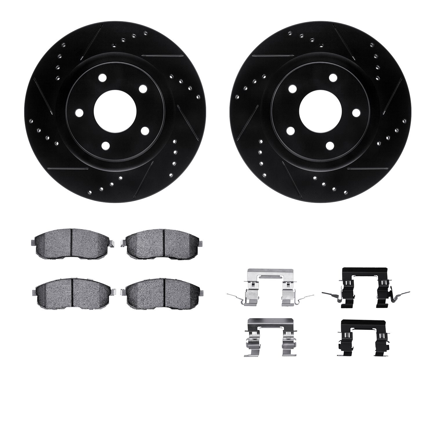 8512-67500 Drilled/Slotted Brake Rotors w/5000 Advanced Brake Pads Kit & Hardware [Black], 2011-2019 Infiniti/Nissan, Position: