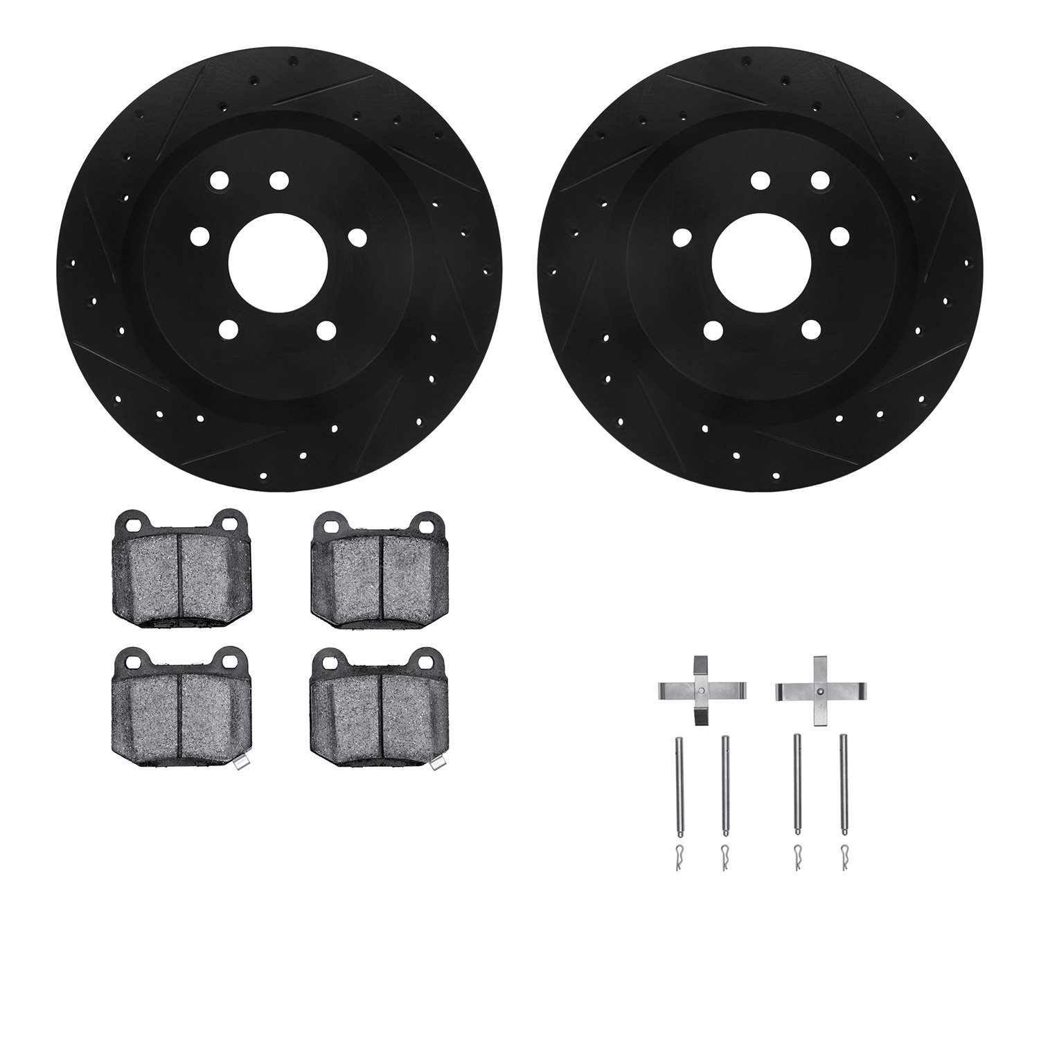 8512-68009 Drilled/Slotted Brake Rotors w/5000 Advanced Brake Pads Kit & Hardware [Black], 2003-2008 Infiniti/Nissan, Position: