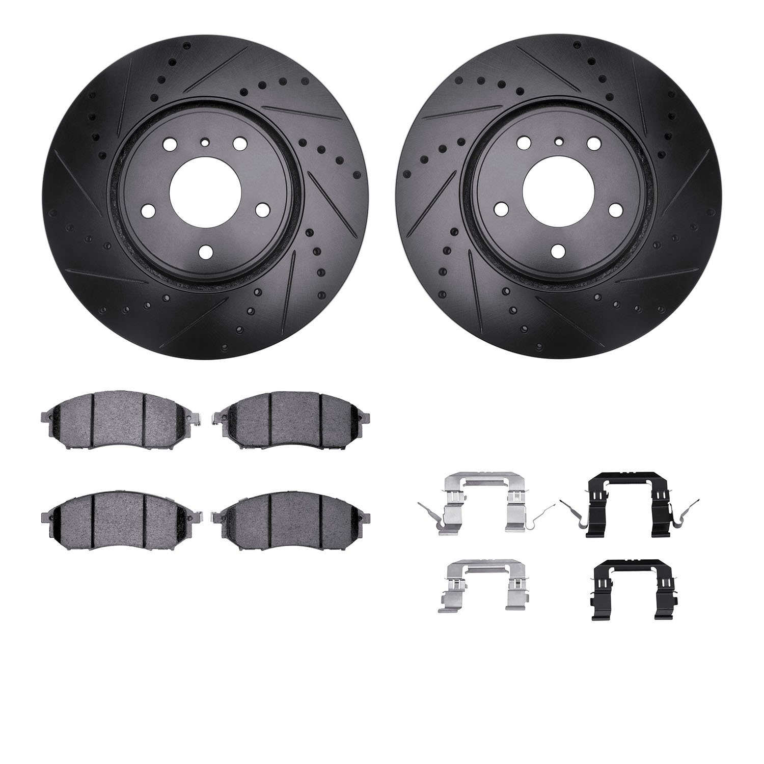 8512-68010 Drilled/Slotted Brake Rotors w/5000 Advanced Brake Pads Kit & Hardware [Black], 2014-2014 Infiniti/Nissan, Position: