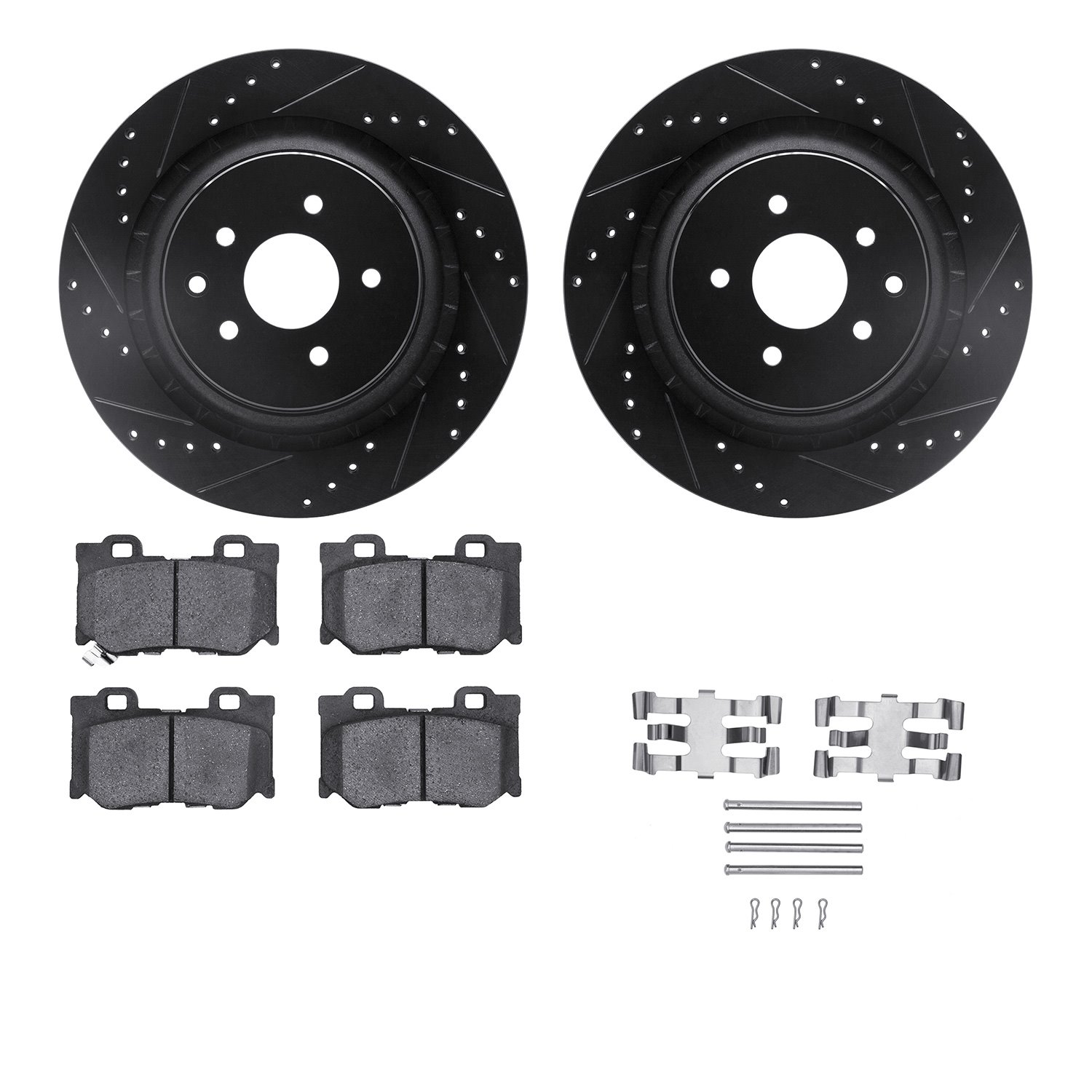 8512-68012 Drilled/Slotted Brake Rotors w/5000 Advanced Brake Pads Kit & Hardware [Black], 2008-2020 Infiniti/Nissan, Position: