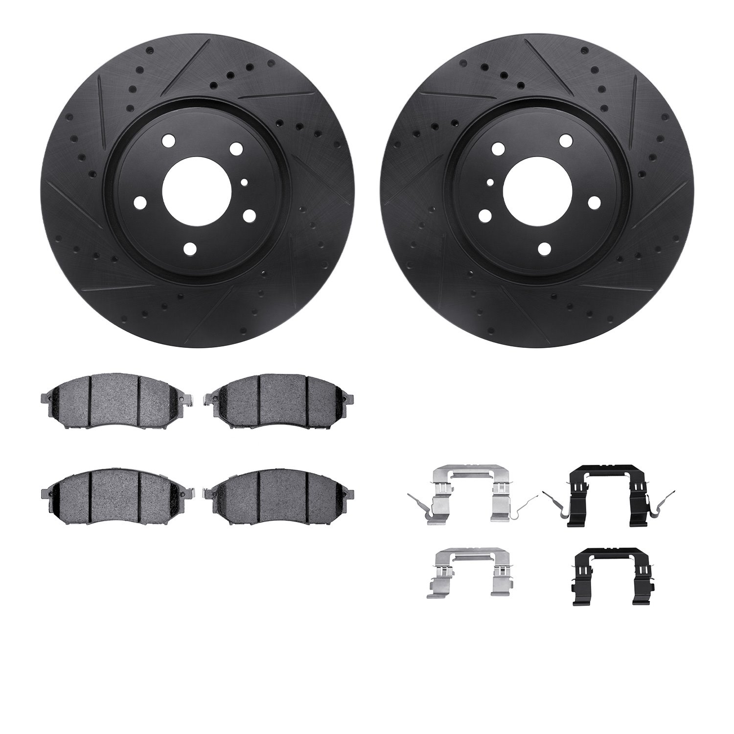 8512-68013 Drilled/Slotted Brake Rotors w/5000 Advanced Brake Pads Kit & Hardware [Black], 2005-2013 Infiniti/Nissan, Position: