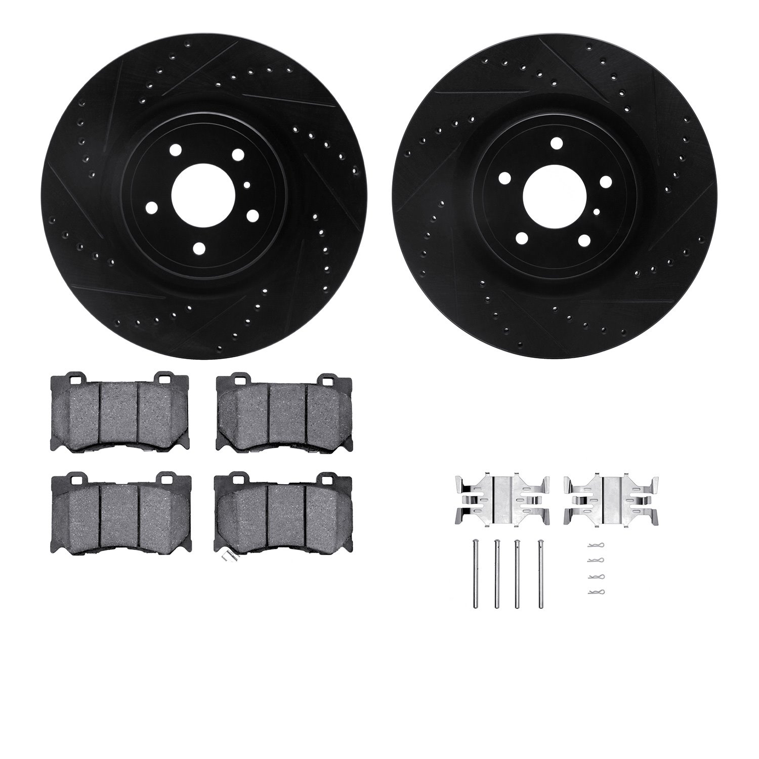 8512-68015 Drilled/Slotted Brake Rotors w/5000 Advanced Brake Pads Kit & Hardware [Black], Fits Select Infiniti/Nissan, Position