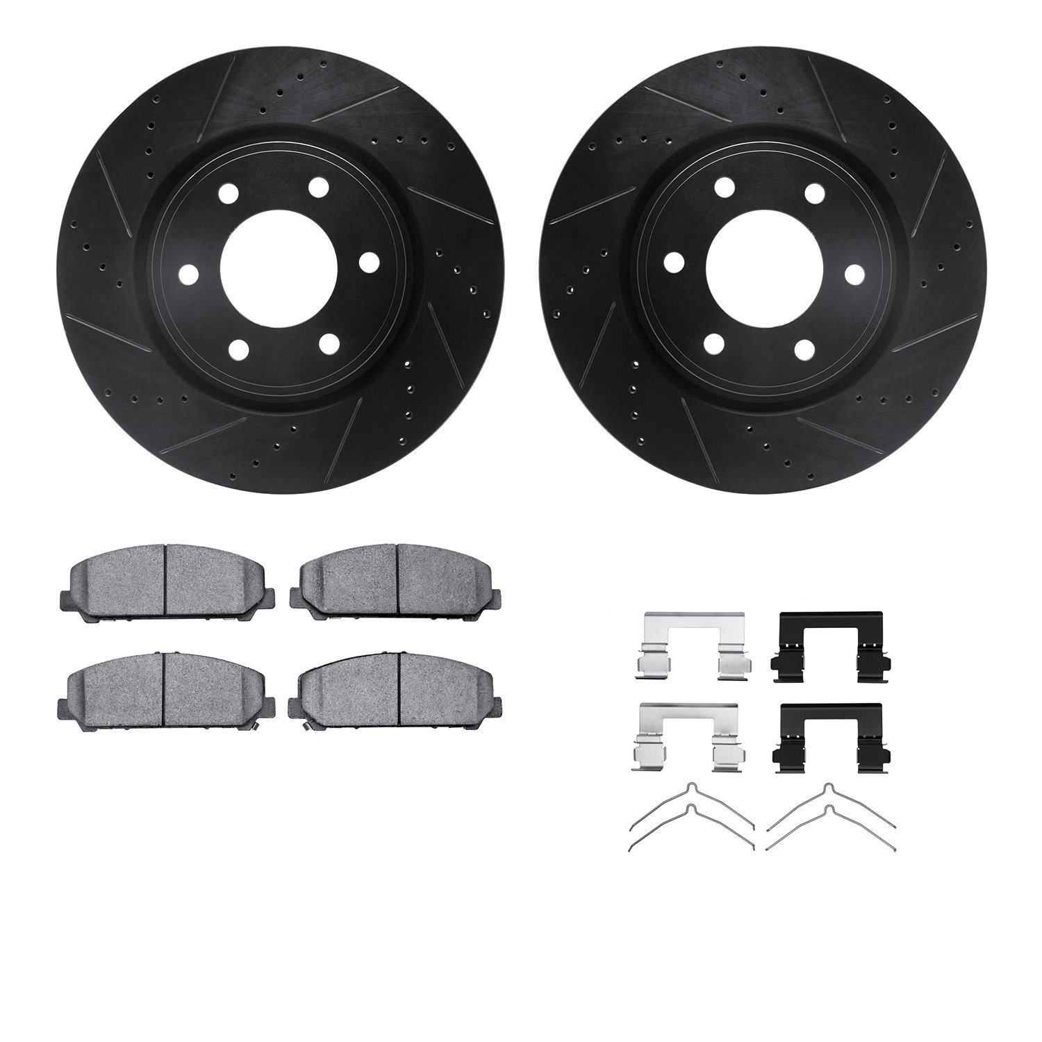 8512-68018 Drilled/Slotted Brake Rotors w/5000 Advanced Brake Pads Kit & Hardware [Black], Fits Select Infiniti/Nissan, Position