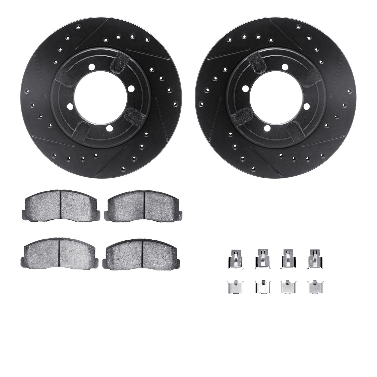 8512-72015 Drilled/Slotted Brake Rotors w/5000 Advanced Brake Pads Kit & Hardware [Black], 1984-1984 Mitsubishi, Position: Front