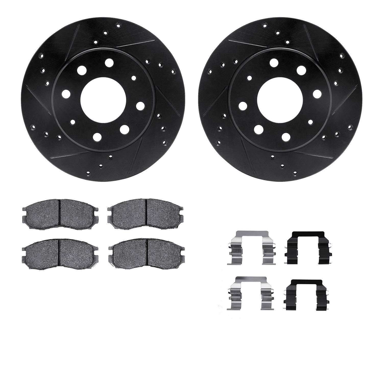 8512-72034 Drilled/Slotted Brake Rotors w/5000 Advanced Brake Pads Kit & Hardware [Black], 1989-1997 Multiple Makes/Models, Posi