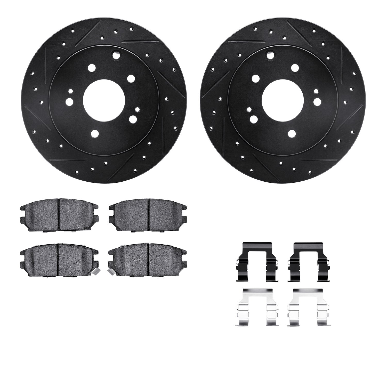 8512-72066 Drilled/Slotted Brake Rotors w/5000 Advanced Brake Pads Kit & Hardware [Black], 2006-2012 Mitsubishi, Position: Rear