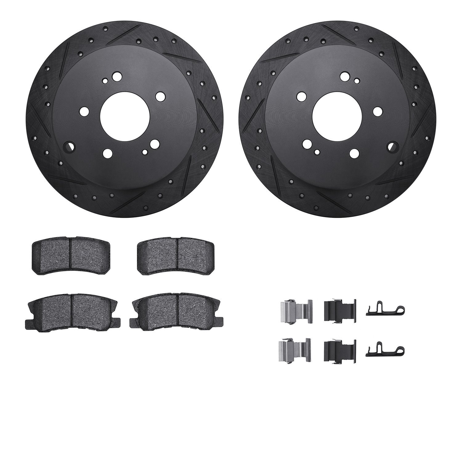 8512-72074 Drilled/Slotted Brake Rotors w/5000 Advanced Brake Pads Kit & Hardware [Black], 2004-2011 Mitsubishi, Position: Rear