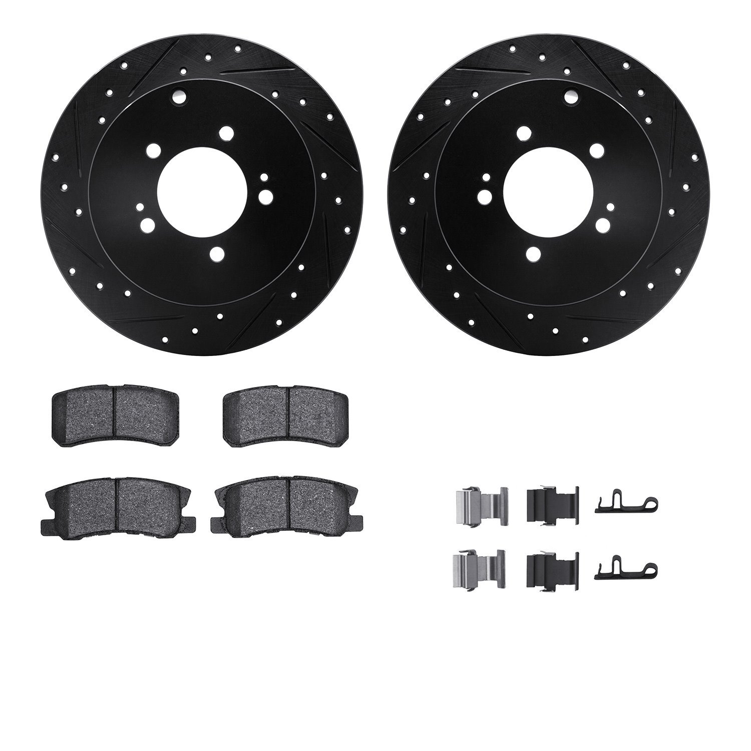8512-72075 Drilled/Slotted Brake Rotors w/5000 Advanced Brake Pads Kit & Hardware [Black], 2007-2015 Mitsubishi, Position: Rear