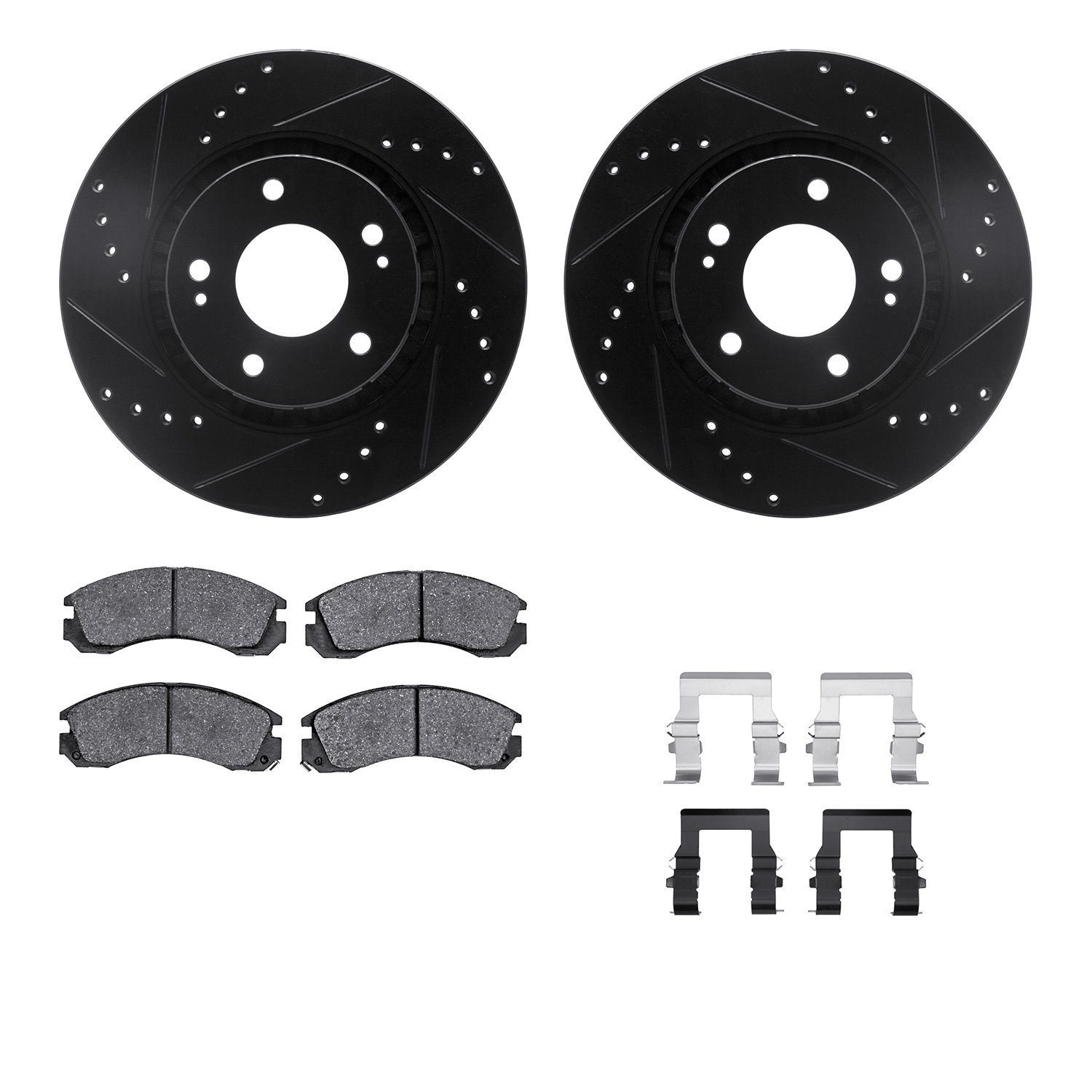 8512-72076 Drilled/Slotted Brake Rotors w/5000 Advanced Brake Pads Kit & Hardware [Black], 2009-2015 Mitsubishi, Position: Front