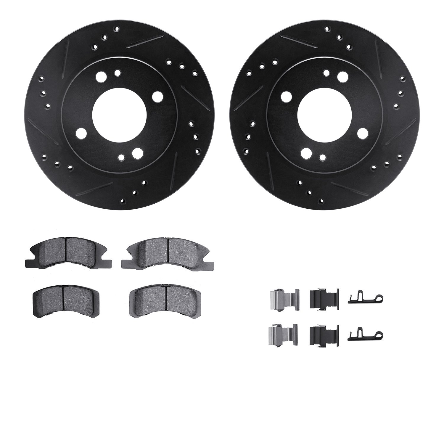 8512-72078 Drilled/Slotted Brake Rotors w/5000 Advanced Brake Pads Kit & Hardware [Black], 2014-2015 Mitsubishi, Position: Front